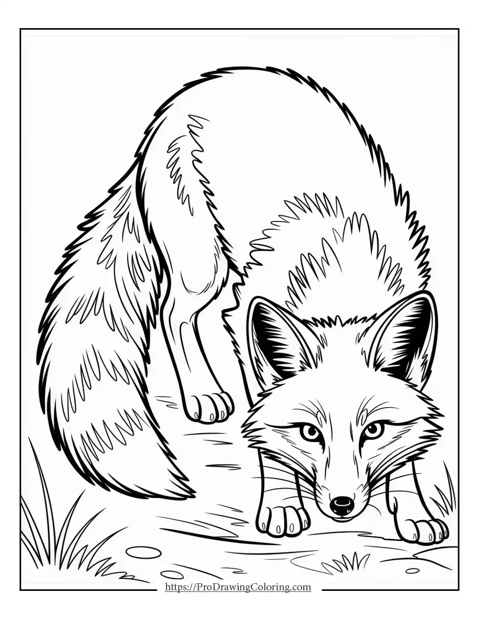 Realistic fox crouching and hunting in a natural outdoor setting