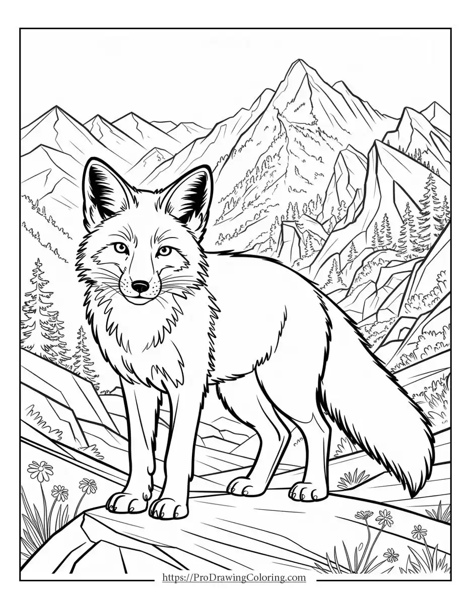 Detailed fox standing on a rock with mountains and forest in the background