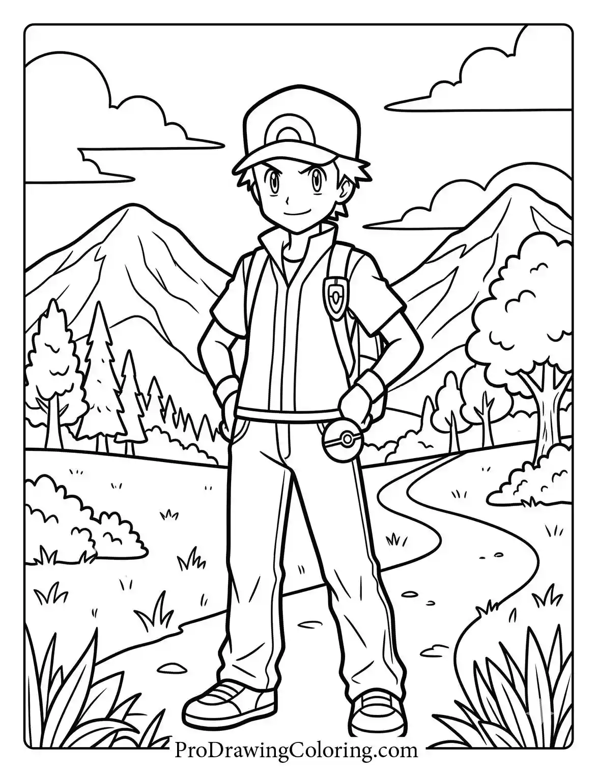 Printable Pokemon coloring page showing Red looking out over a vast landscape of mountains and paths.