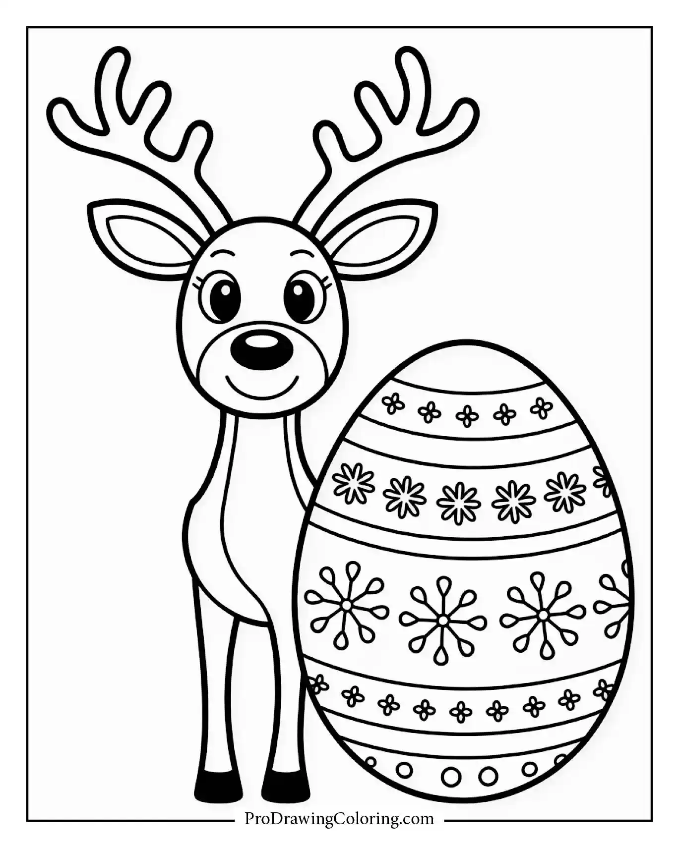 A reindeer holding an Easter egg decorated with snowflake motifs. A coloring page illustration in Pixar-Cartoon style. Relaxing Easter artwork for all ages.