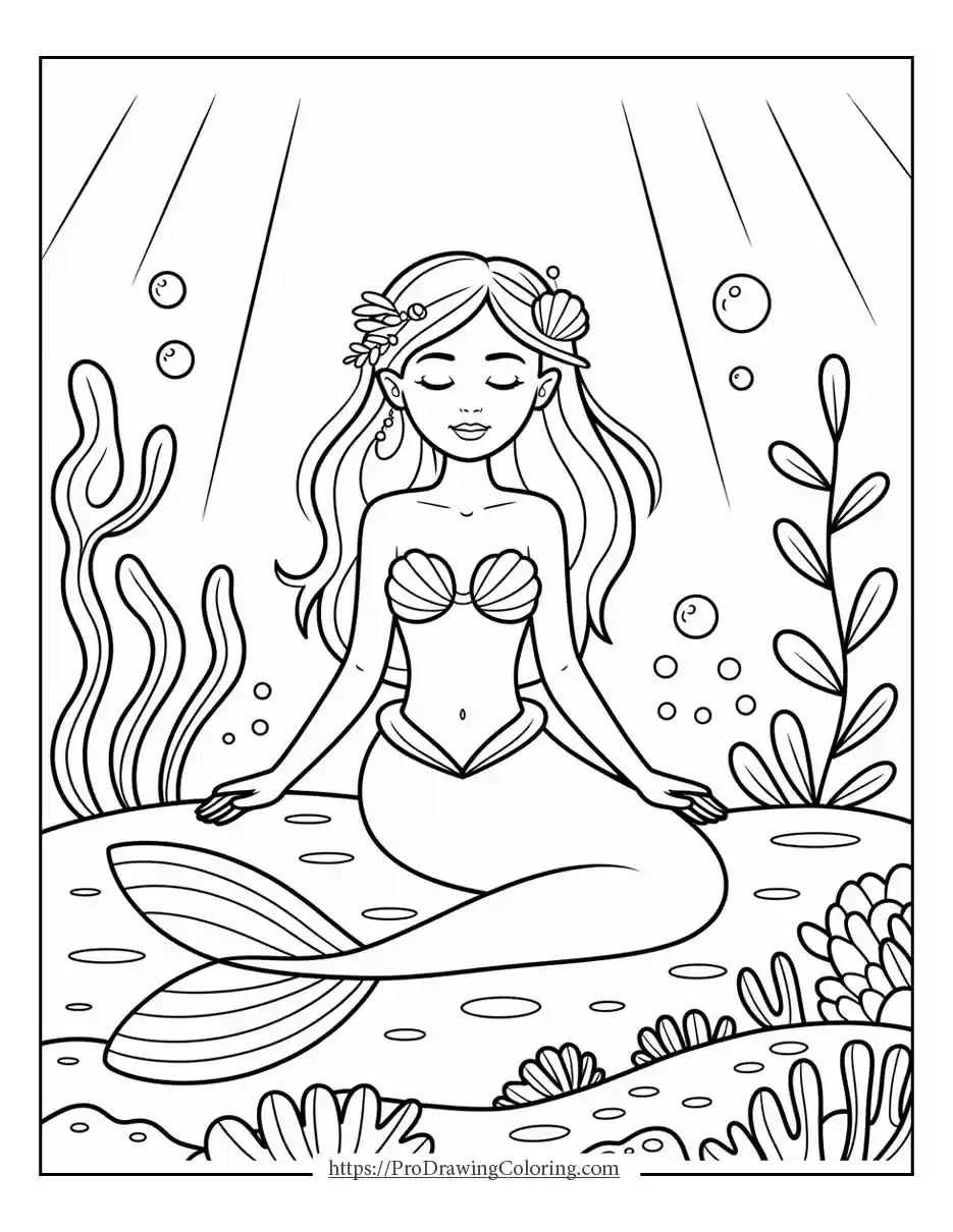 Relaxing mermaid meditating with flowing hair, easy and calming adult coloring page