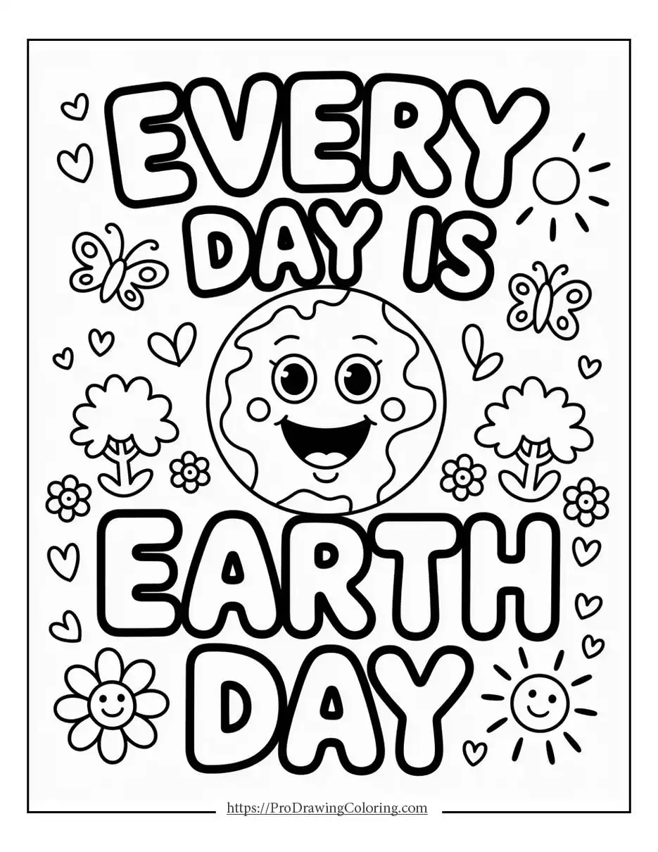 Illustration of Earth surrounded by solar panels, wind turbines, and trees