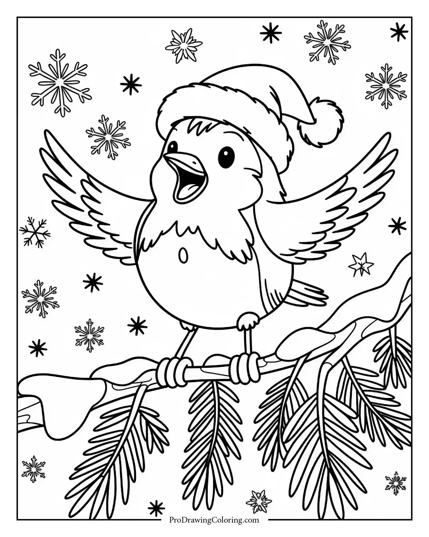 Robin singing on snow-covered branch wearing red Santa hat