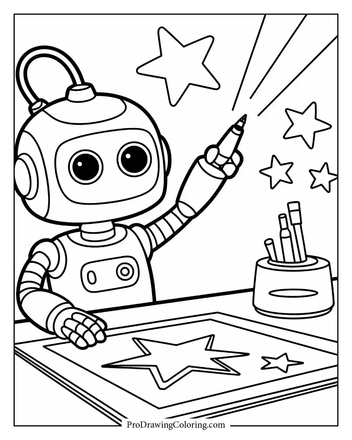 Cute robot drawing stars with a laser pen in space.