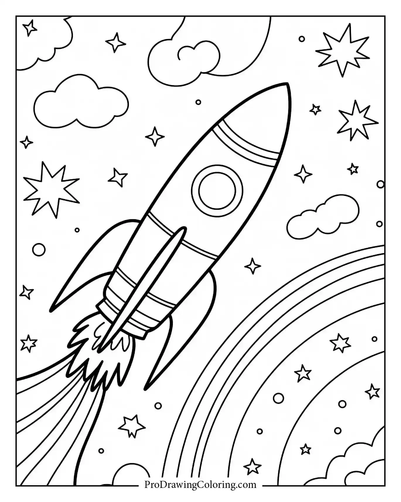 Rocket flying through a colorful rainbow galaxy, printable space coloring page.