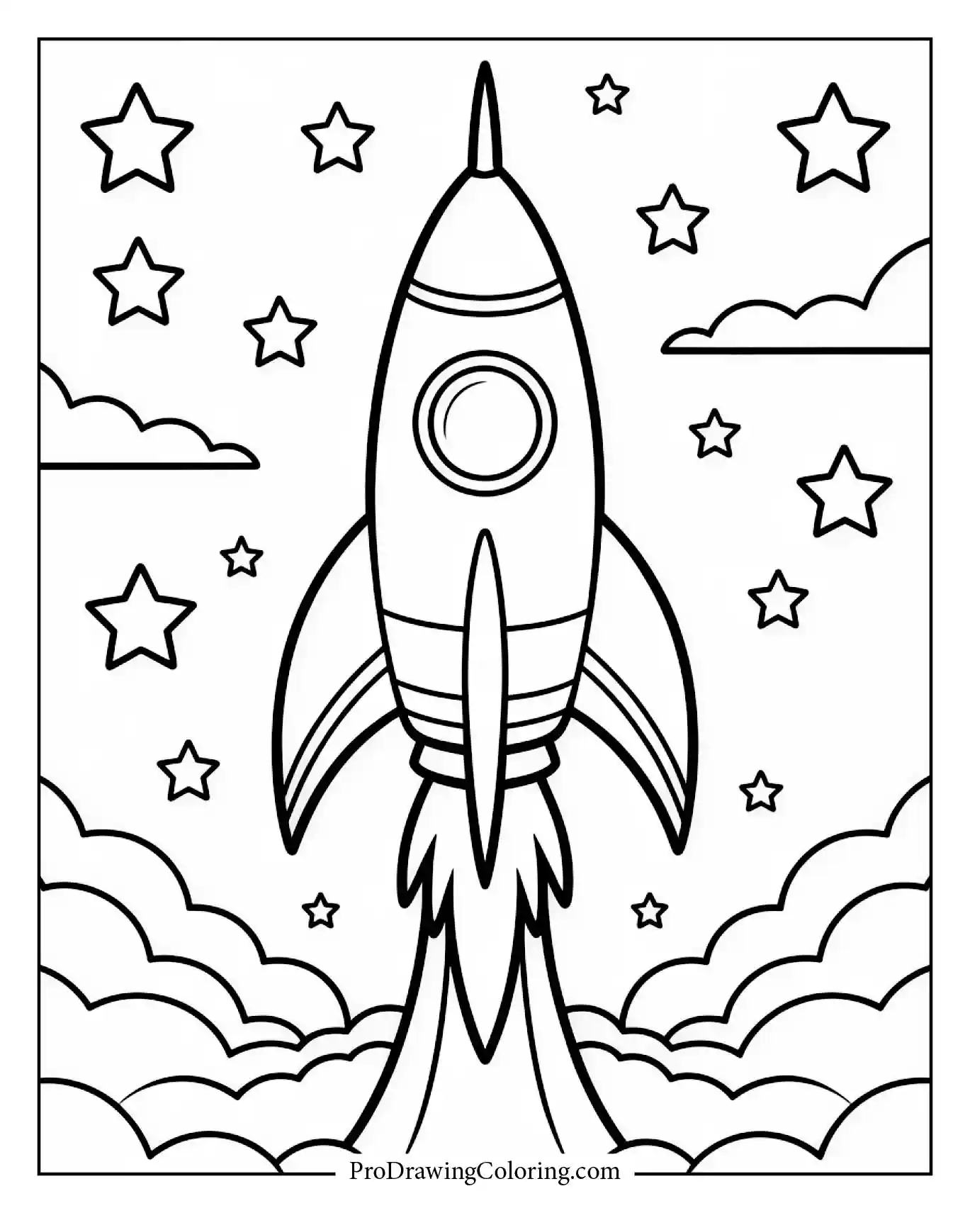 Rocket taking off with glowing flames and stars in the background.