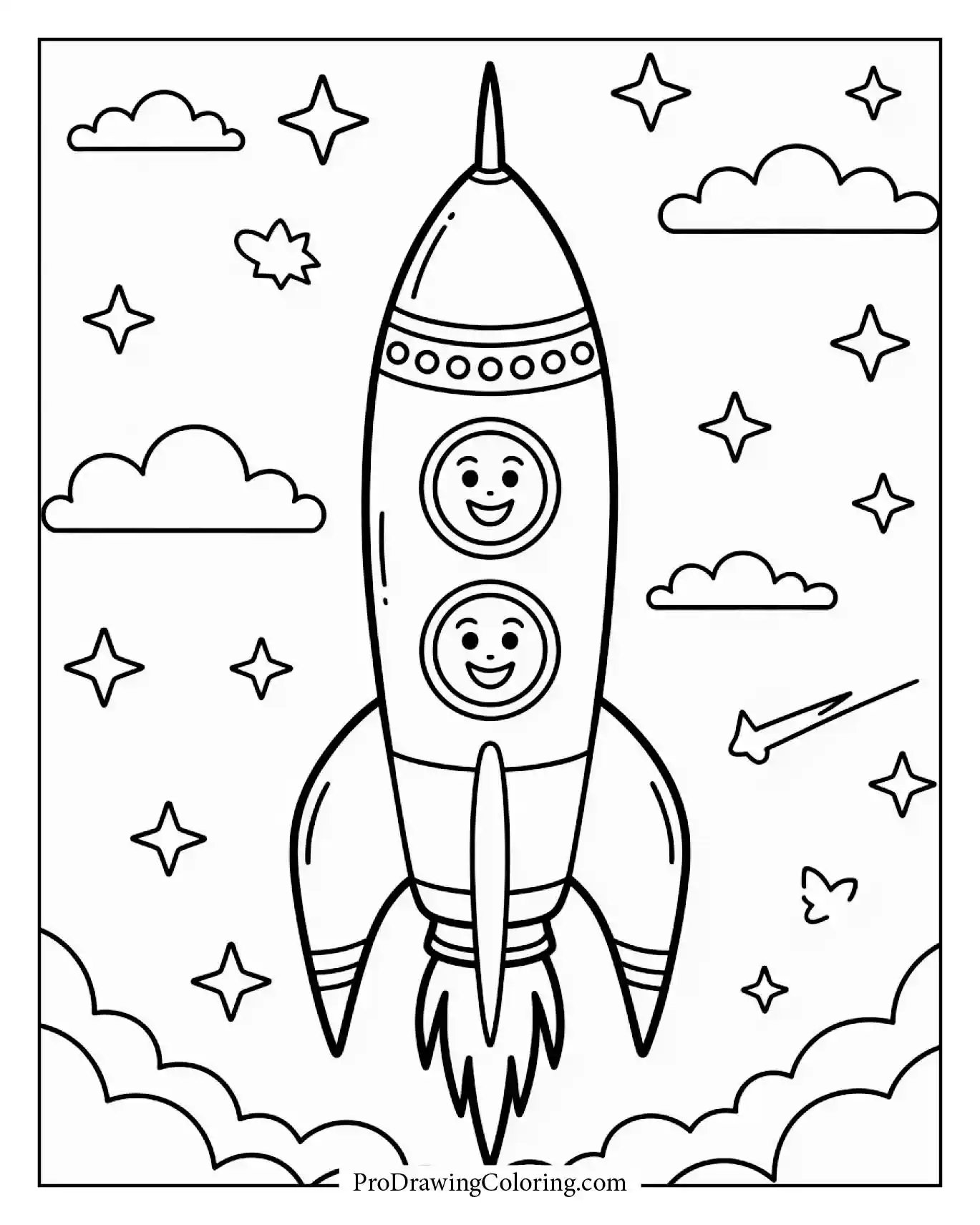 Cute rocket with happy faces visible through its windows.