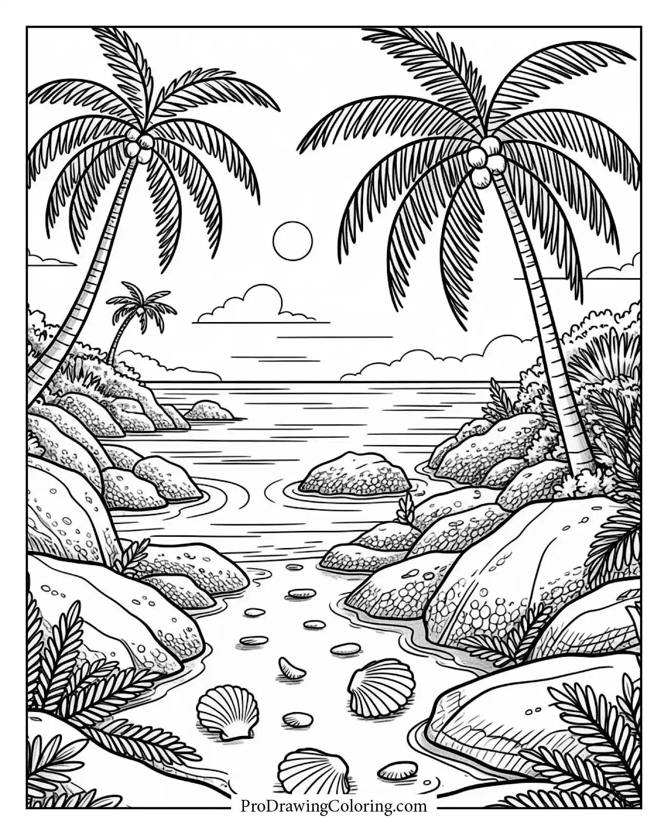 Beach coloring pages – rocky beach with palm trees and shells