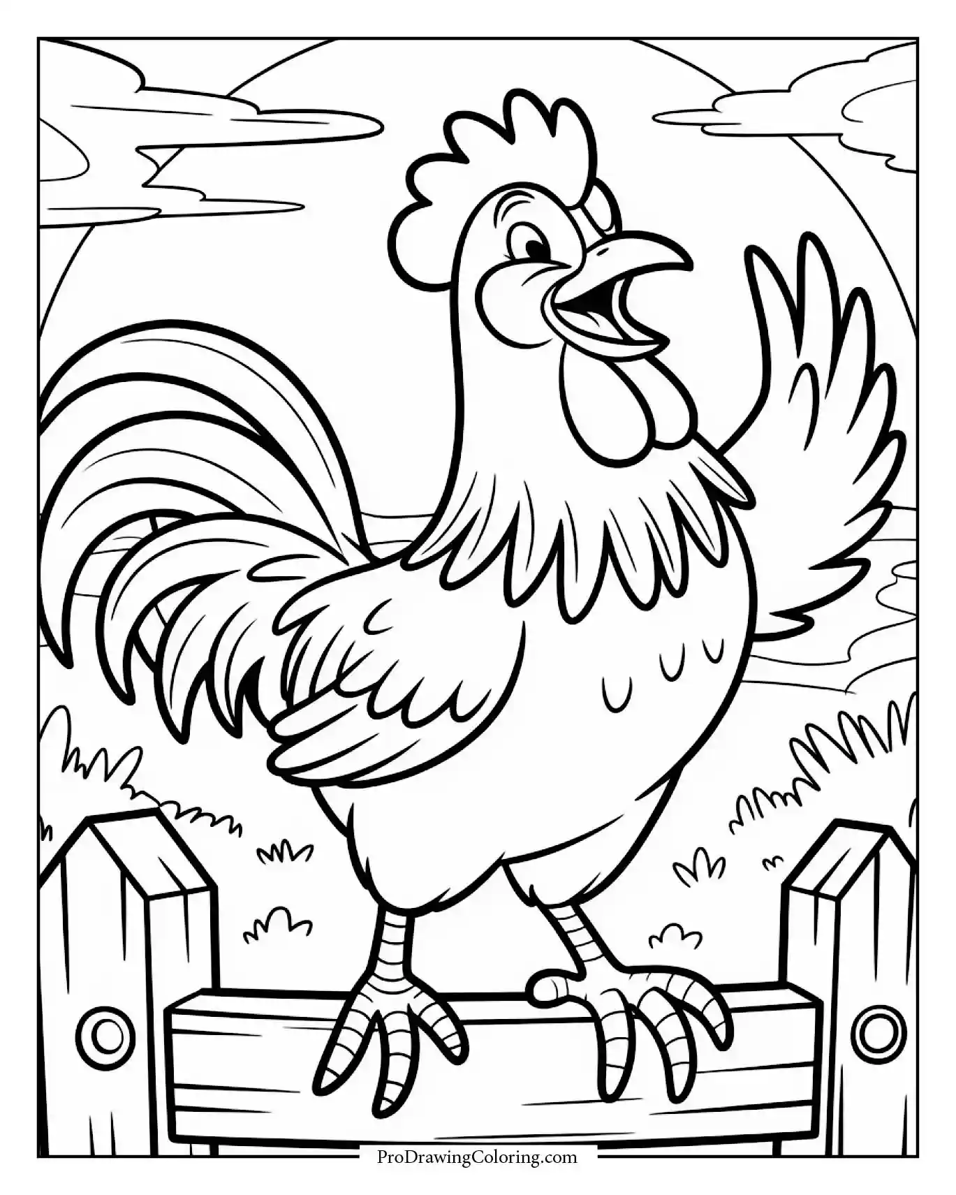 Happy rooster singing loudly at sunrise on fence