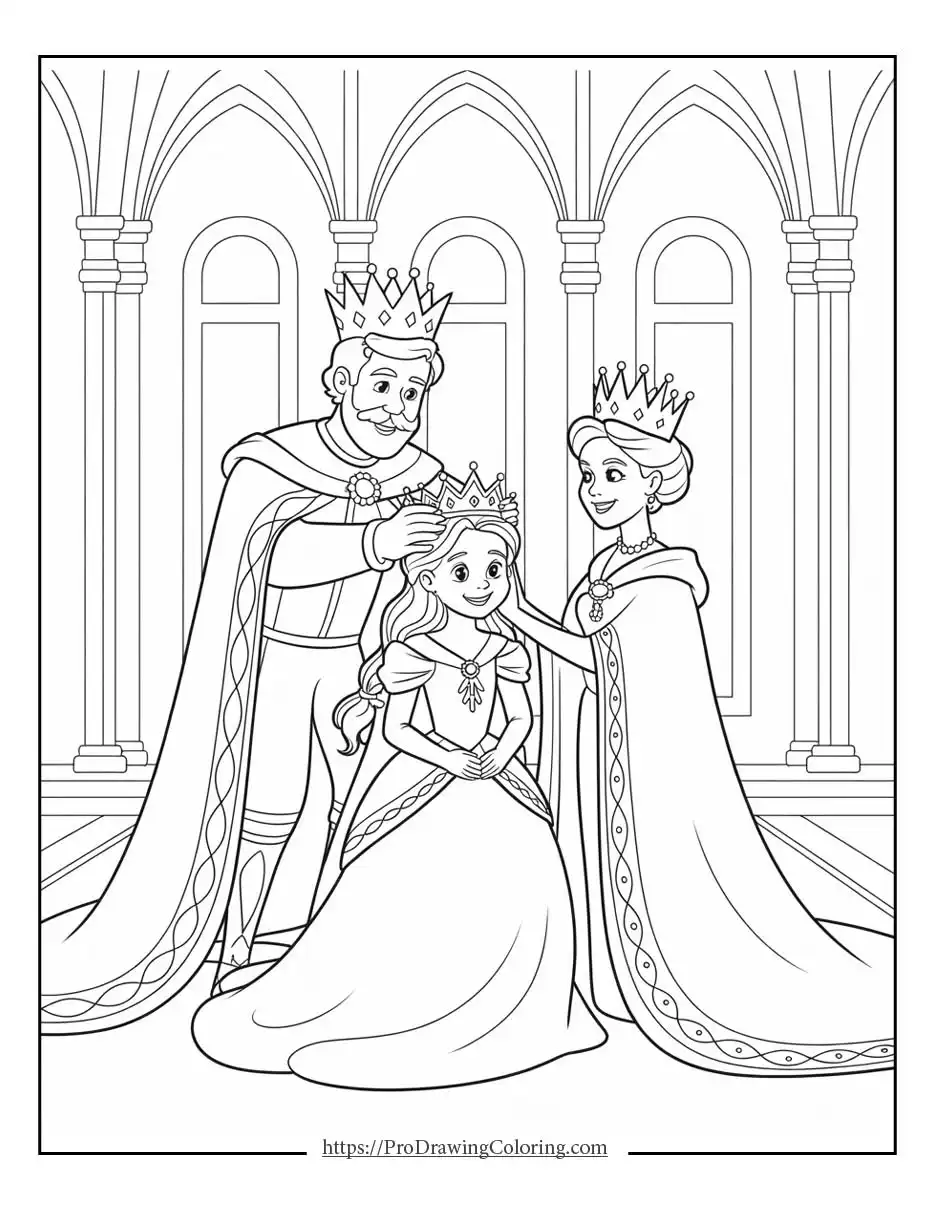 royal family crowning a young princess, printable sheet free to print for kids