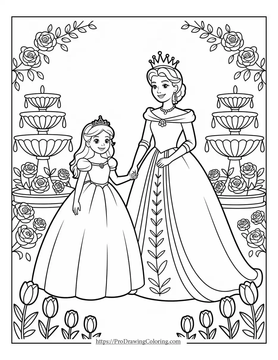 royal mother holding her daughter’s hand in a garden, free printable sheet for kids