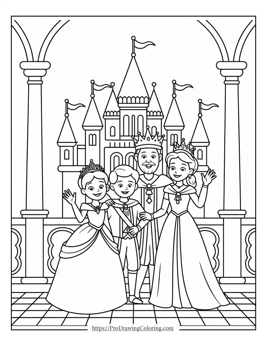 a royal family smiling together in front of a castle