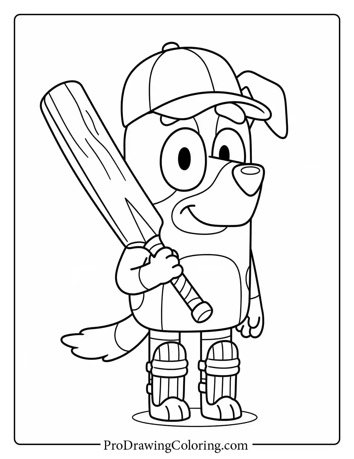 Rusty the Red Kelpie, a great friend of Bluey, holding a cricket bat in this simple colouring page pdf download.