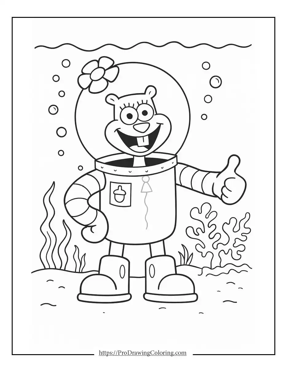 Sandy Cheeks wearing her astronaut suit and helmet, smiling and giving a thumbs-up underwater with bubbles and sea plants