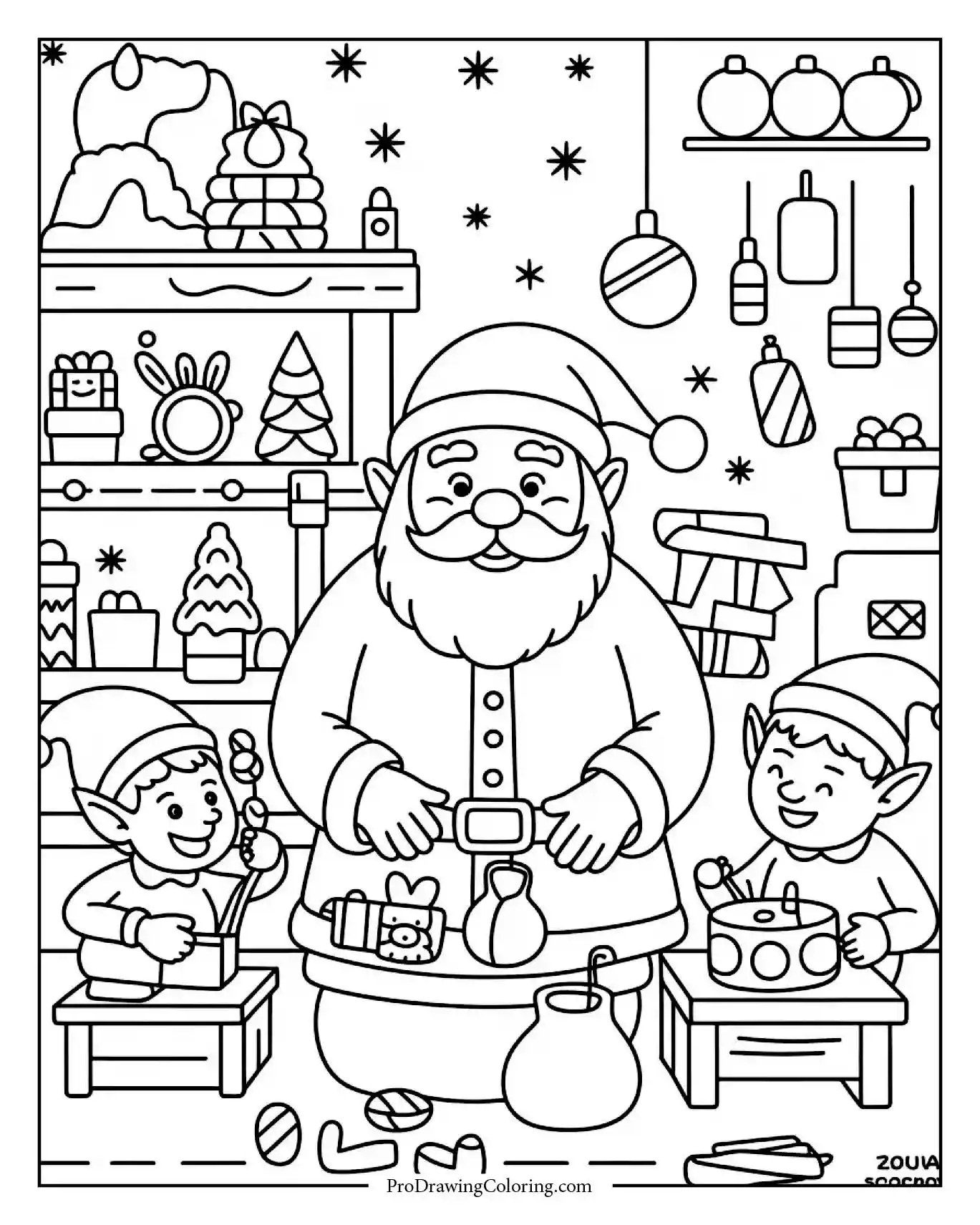 santa and elves workshop detailed coloring page for kids Santa Claus working with elves making toys in workshop scene