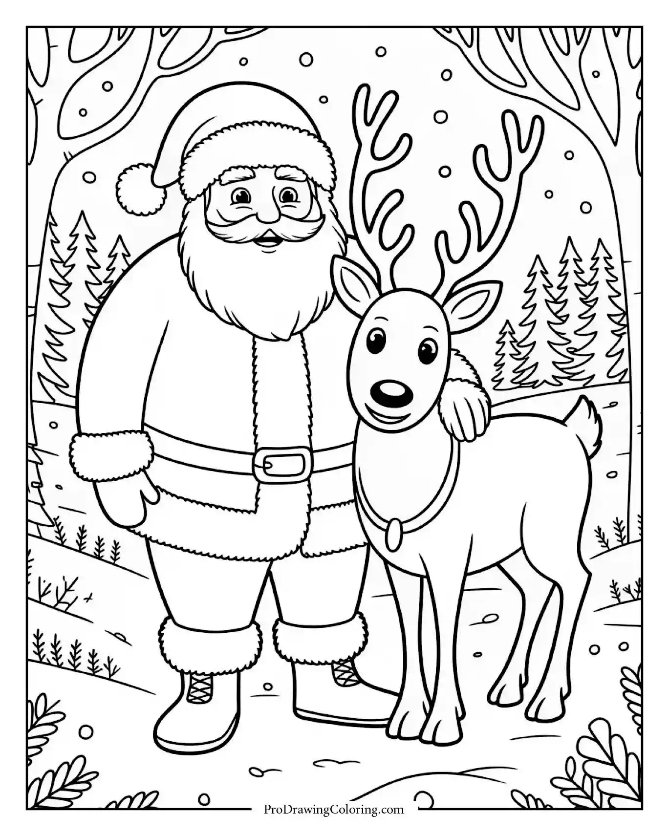 santa and rudolph detailed coloring page Detailed Santa Claus with Rudolph reindeer in winter forest for adult coloring
