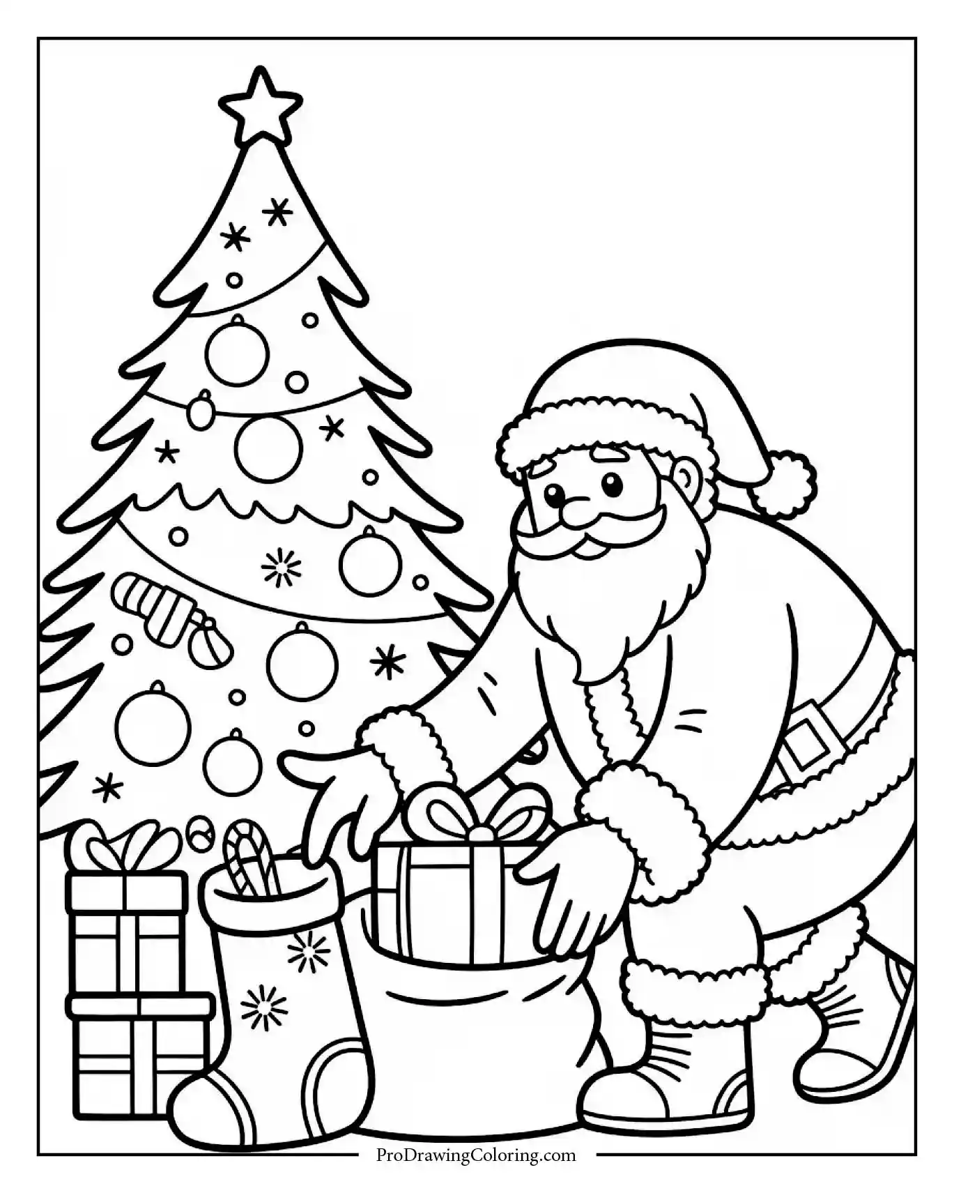 santa and stocking christmas tree printable Santa Claus with stockings and decorated Christmas tree