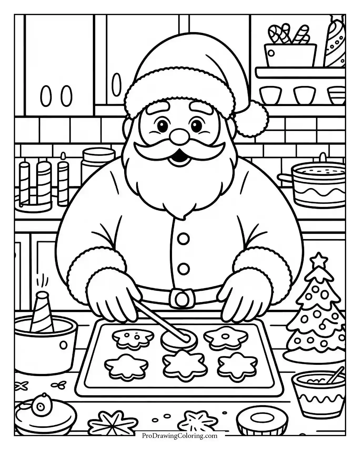 santa baking christmas cookies coloring sheet Santa Claus baking cookies in a Christmas kitchen for detailed adult coloring