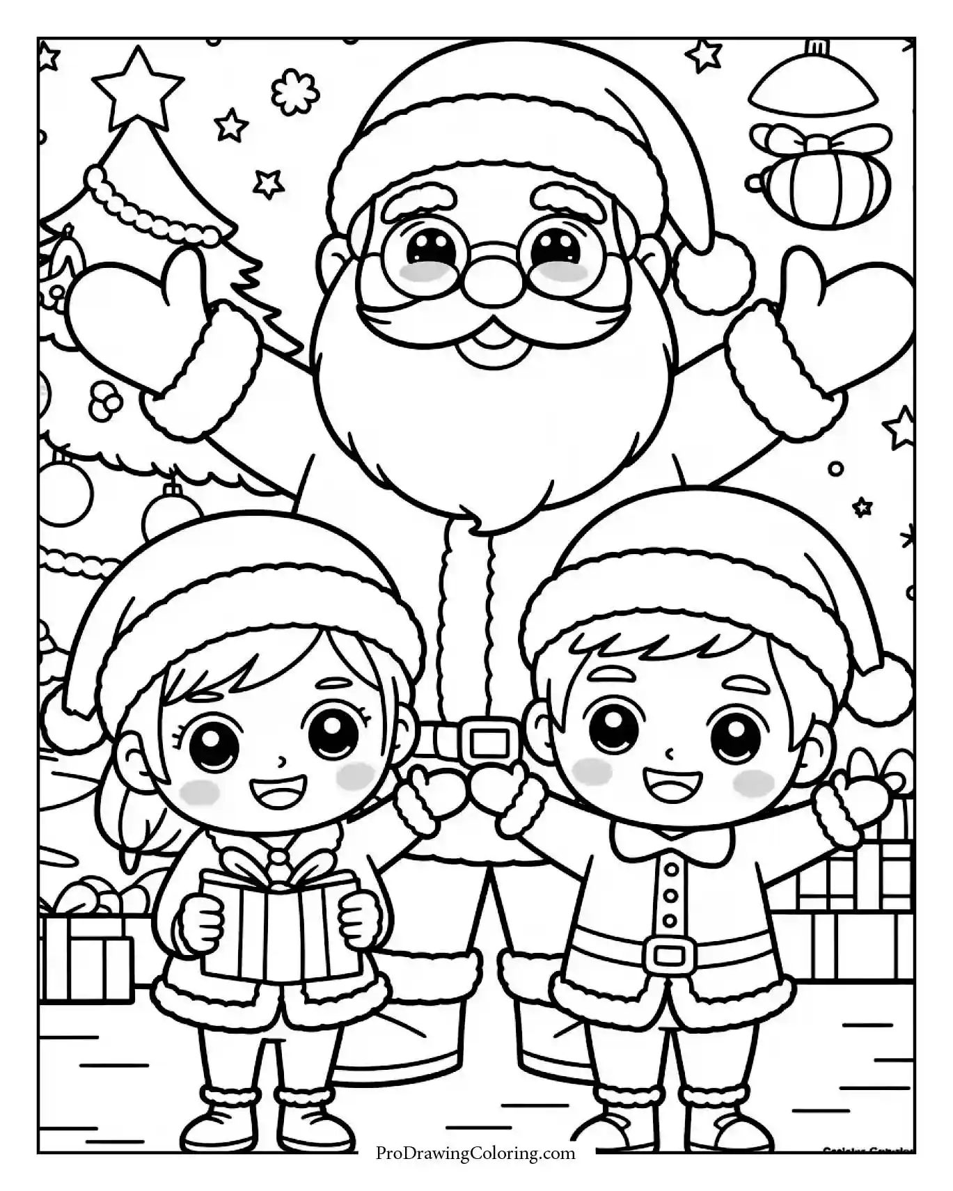 santa celebrating with chibi kids coloring page Santa Claus celebrating Christmas with chibi girl and chibi boy in detailed style