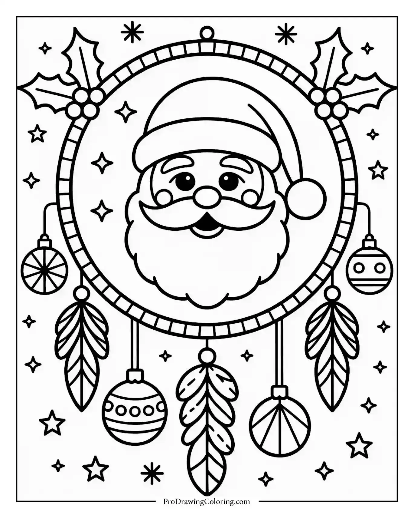 santa christmas dreamcatcher coloring sheet to print Santa Claus dreamcatcher decorated with ornaments, holly, and Christmas details