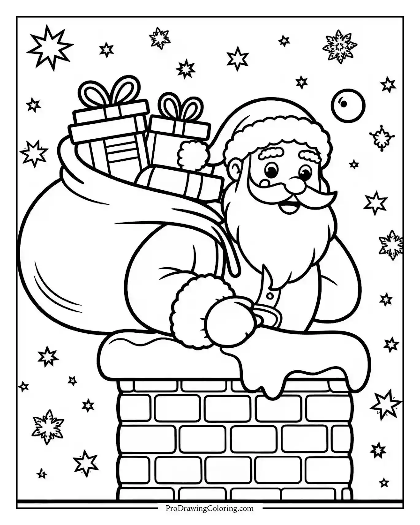 santa climbing chimney with sack printable coloring page for kids Santa Claus climbing into chimney carrying sack of Christmas presents