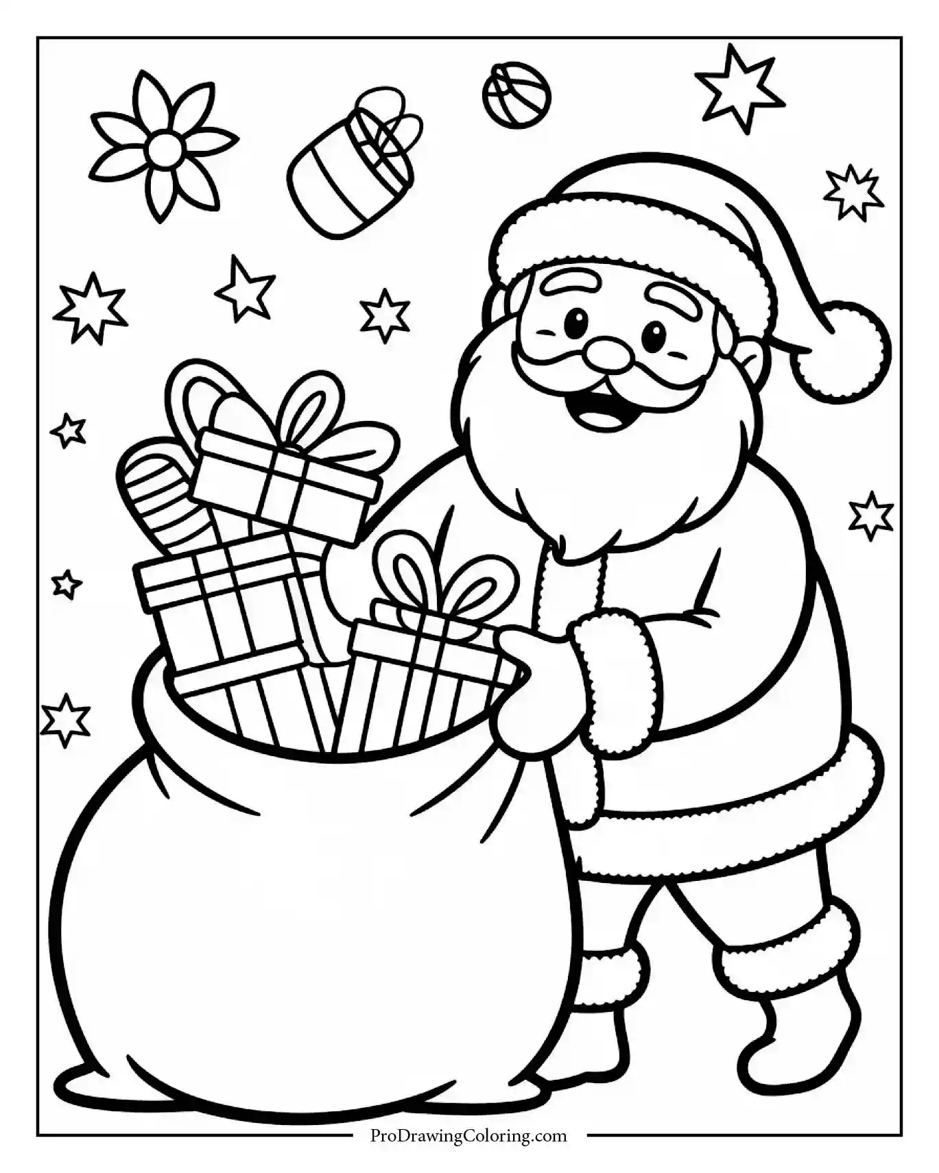 santa delivery presents detailed coloring page Santa Claus delivering presents from his gift sack with detailed patterns