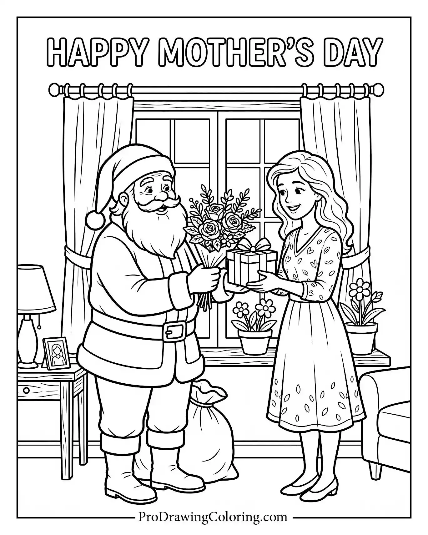 Santa Claus handing a bouquet and a present to a smiling mother. A unique printable coloring page with a fun holiday twist.
