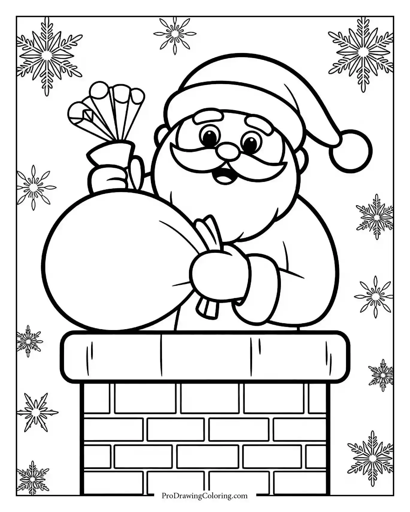 santa going down chimney printable Santa Claus entering chimney with large sack of presents detailed for adults
