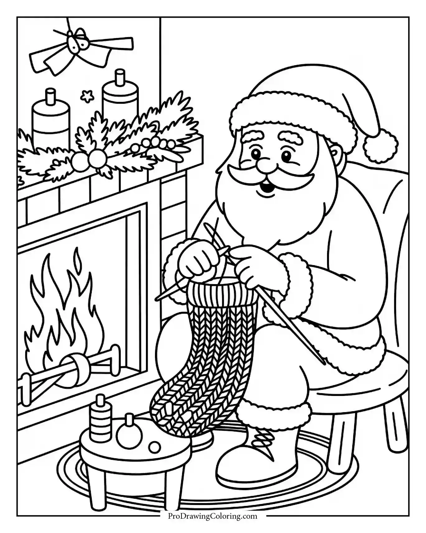 santa knitting stocking fireplace Santa Claus knitting stocking near fireplace with detailed scene
