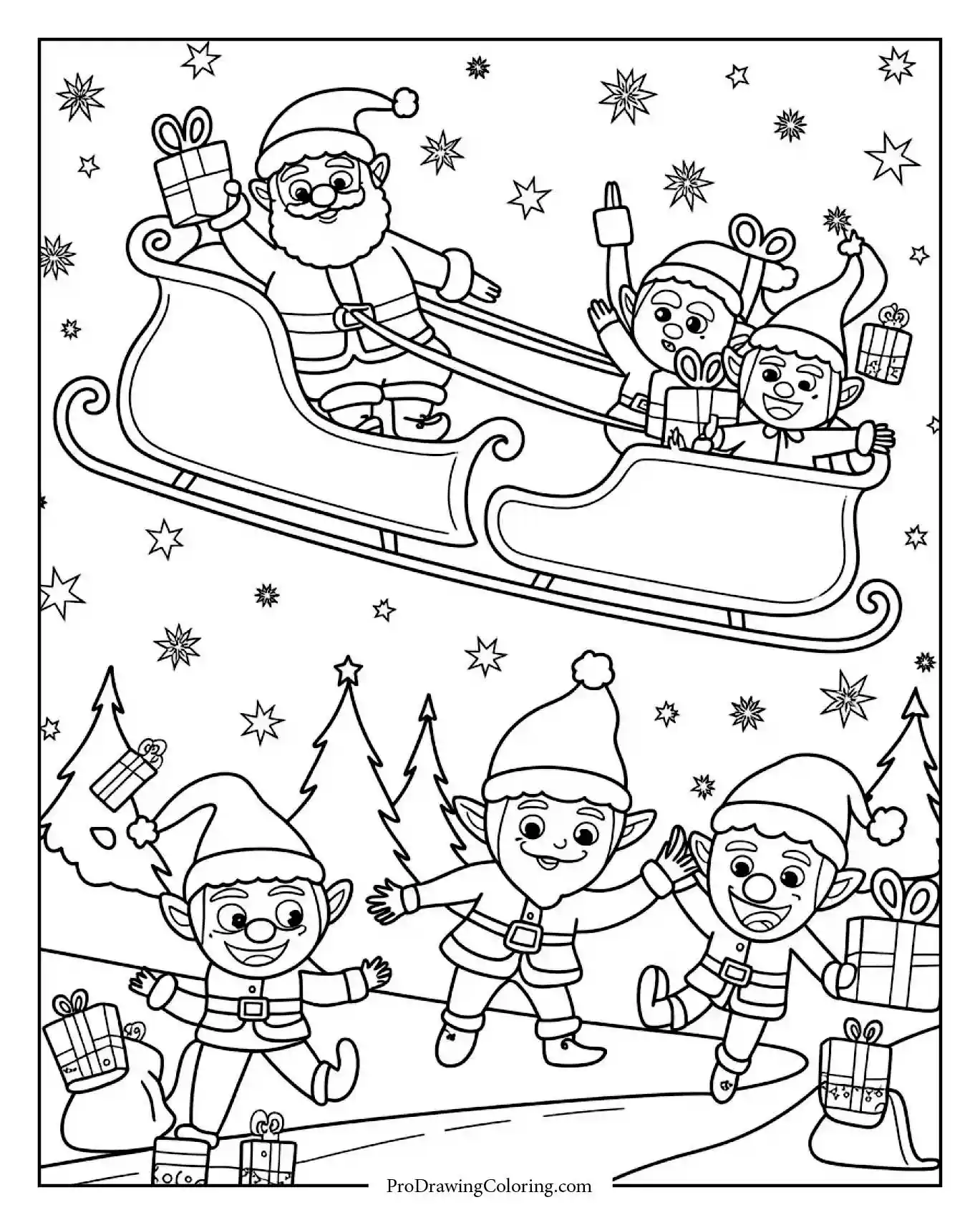 santa riding sleigh with elves Santa Claus riding sleigh with elves delivering gifts