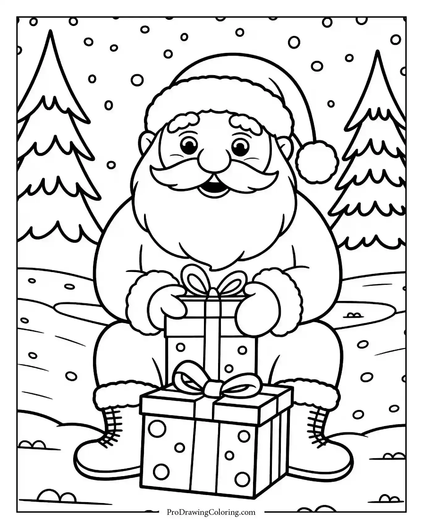 santa sitting with gifts forest sheet to print Santa Claus sitting among gifts in snowy forest scene