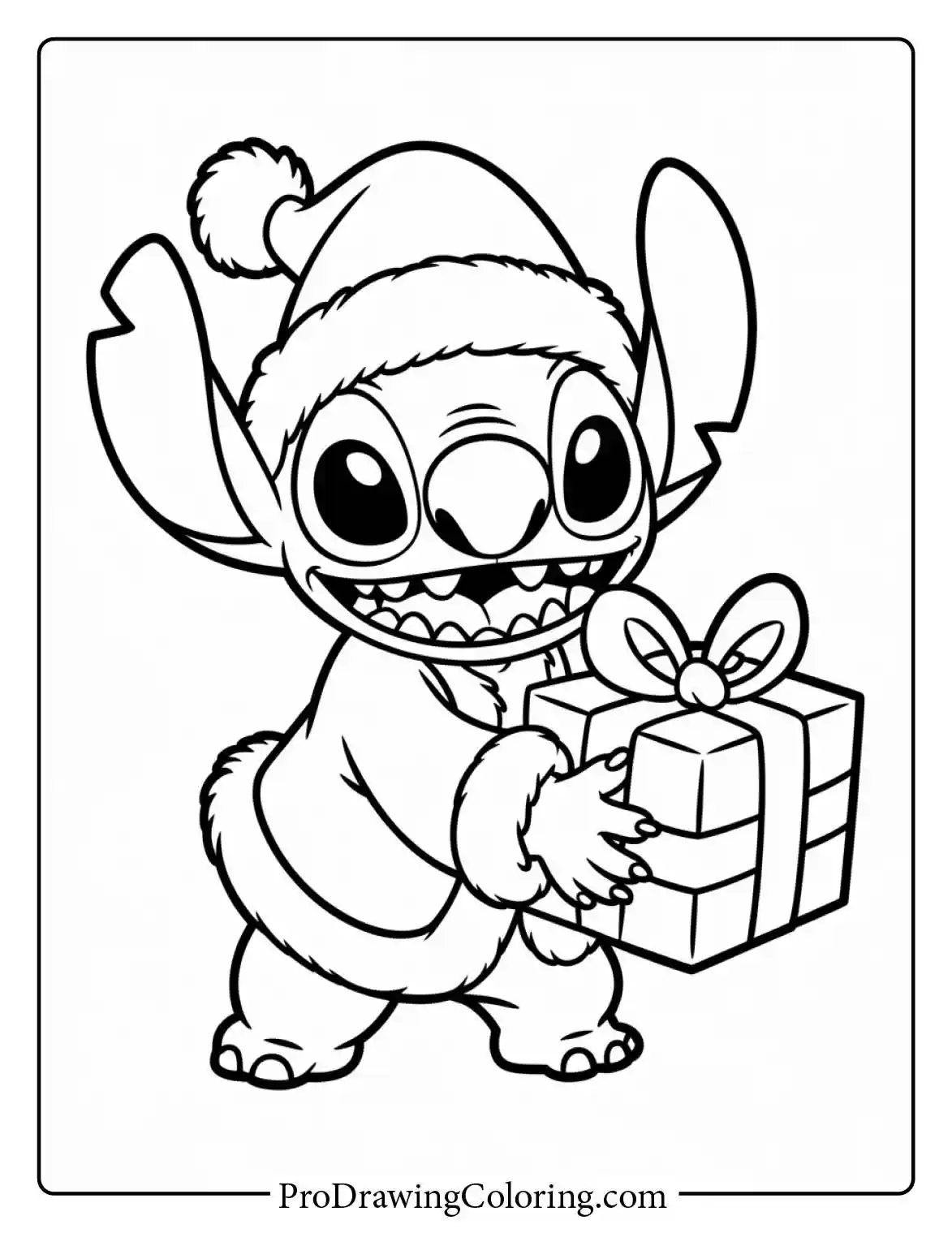 Enjoy this stitch christmas coloring page featuring a happy Santa character holding a winter holiday gift.