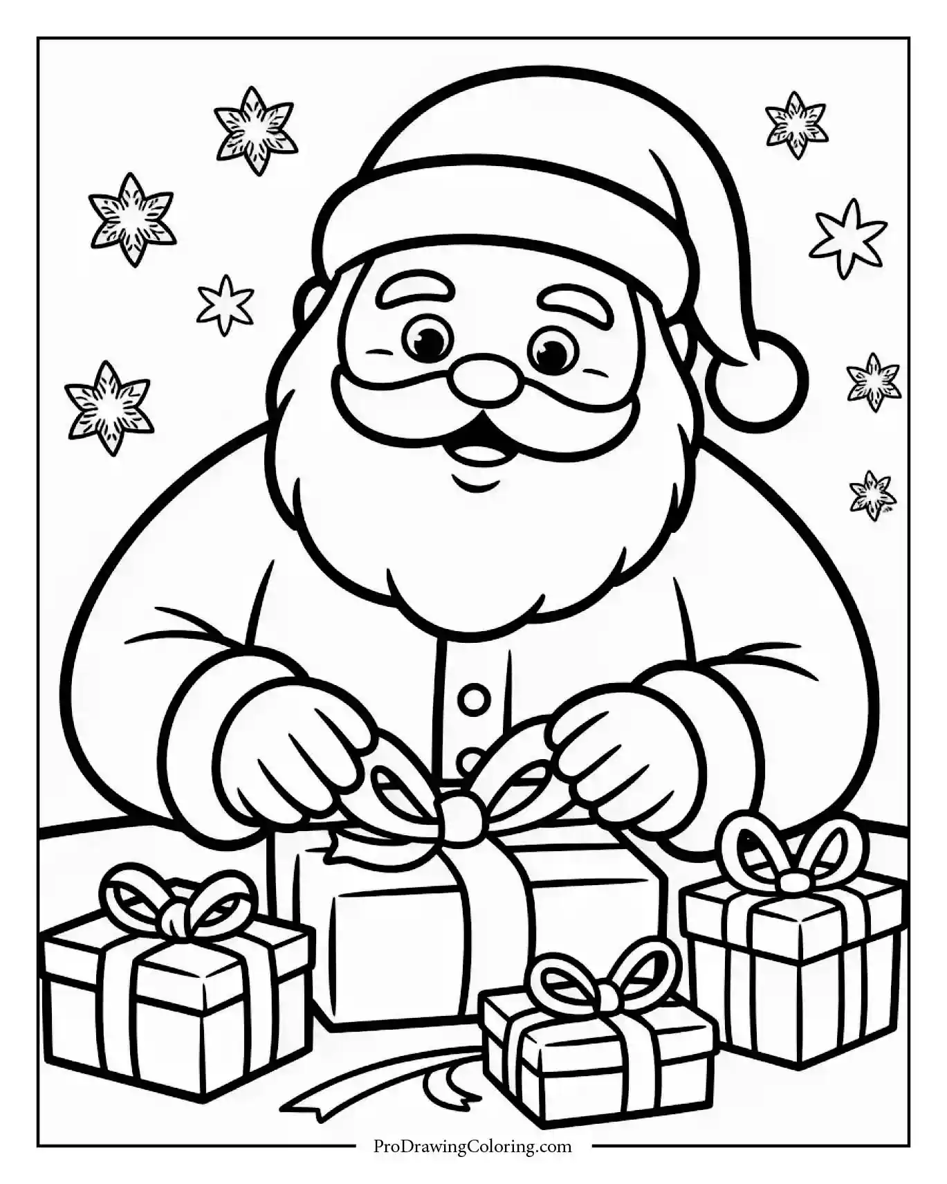 santa wrapping gifts detailed Santa Claus wrapping Christmas presents with ribbons and bows