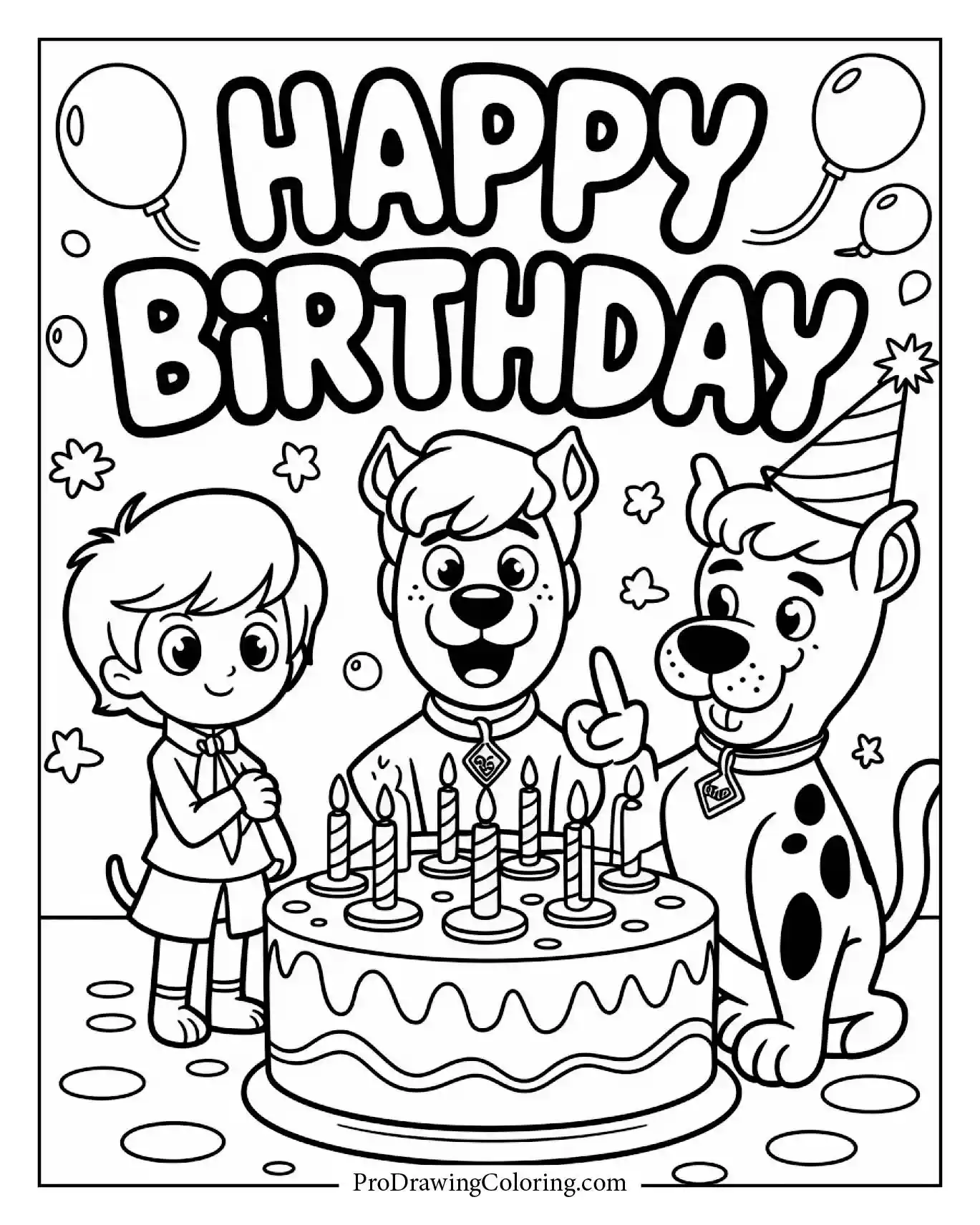 A joyful scooby-doo mystery birthday scene, printable Happy Birthday Coloring Page for parties.