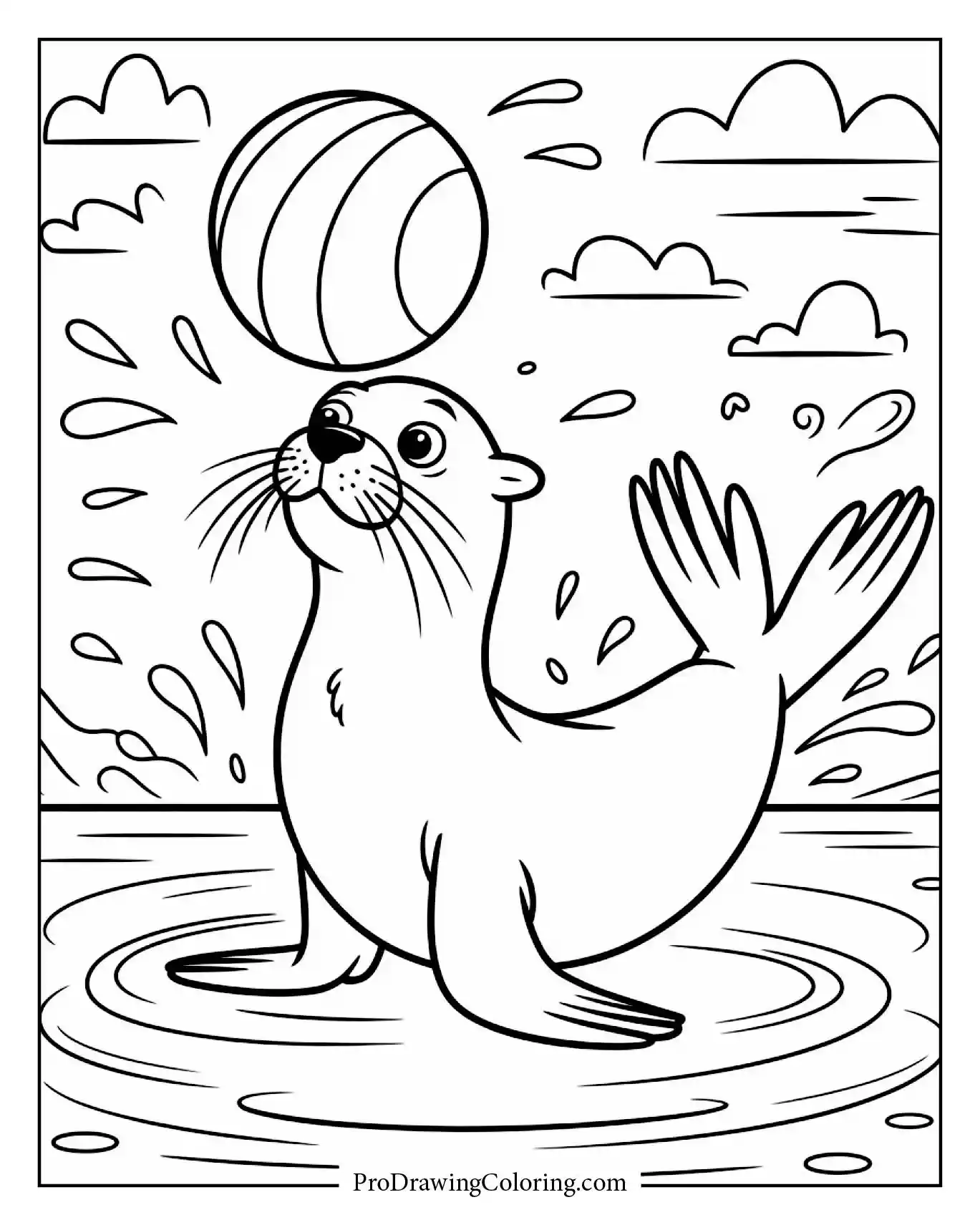 Cartoon sea lion balancing a ball on its nose with water splashes