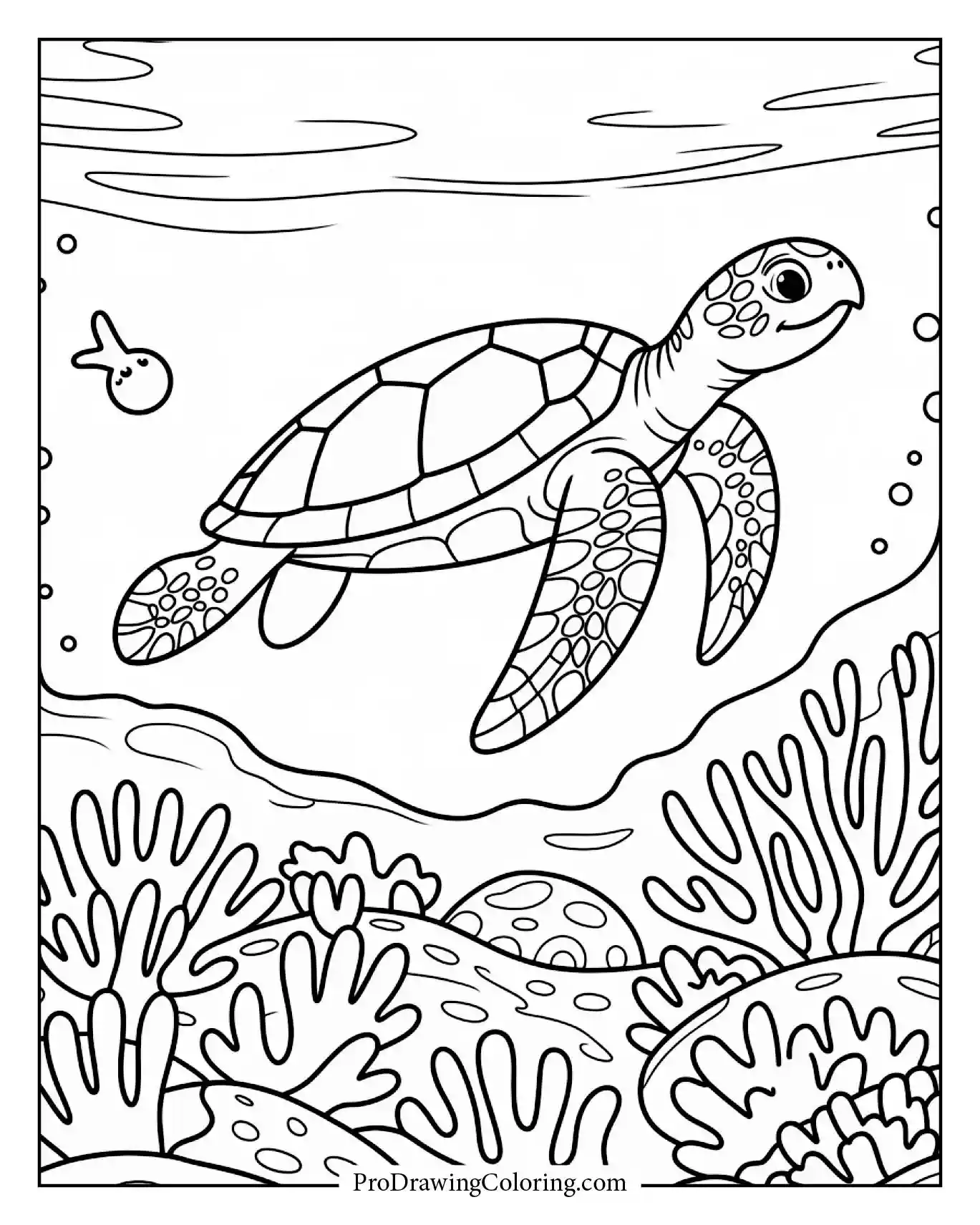 Sea turtle swimming above coral reef, printable coloring page in simple line art for kids
