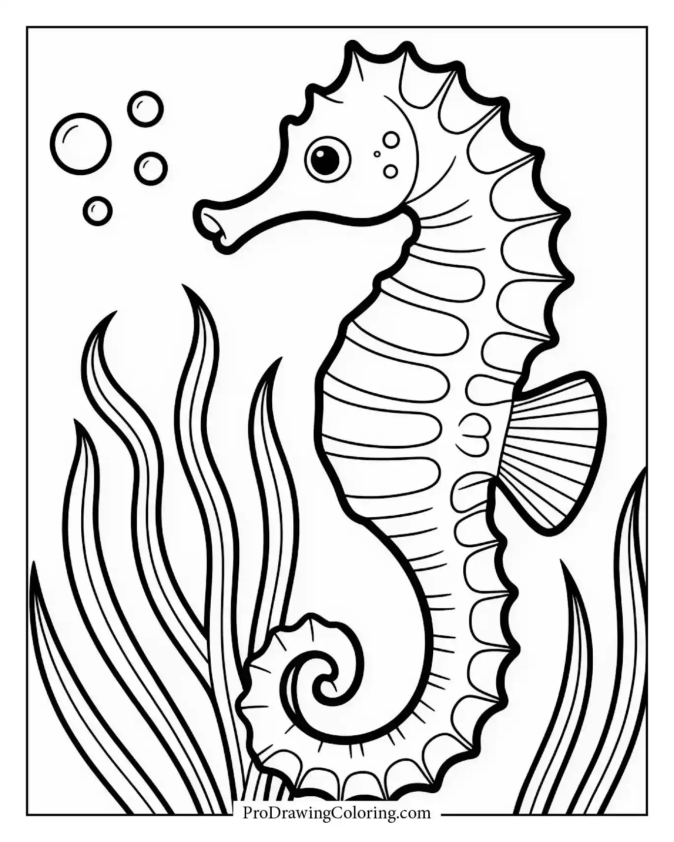 Seahorse holding onto seagrass, printable semi-realistic fish coloring page.