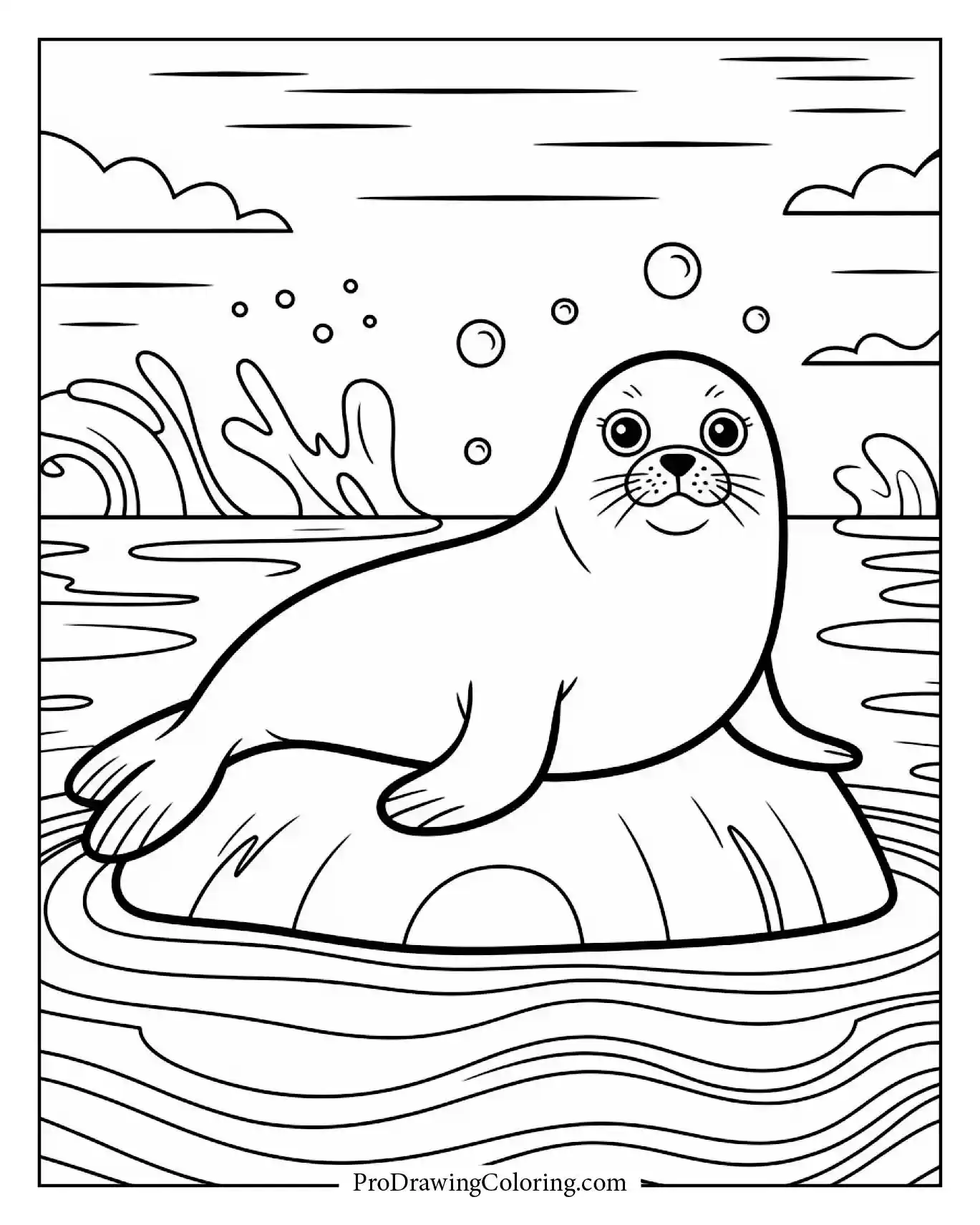 Cartoon seal resting on a rock with bubbles and waves, kids coloring page