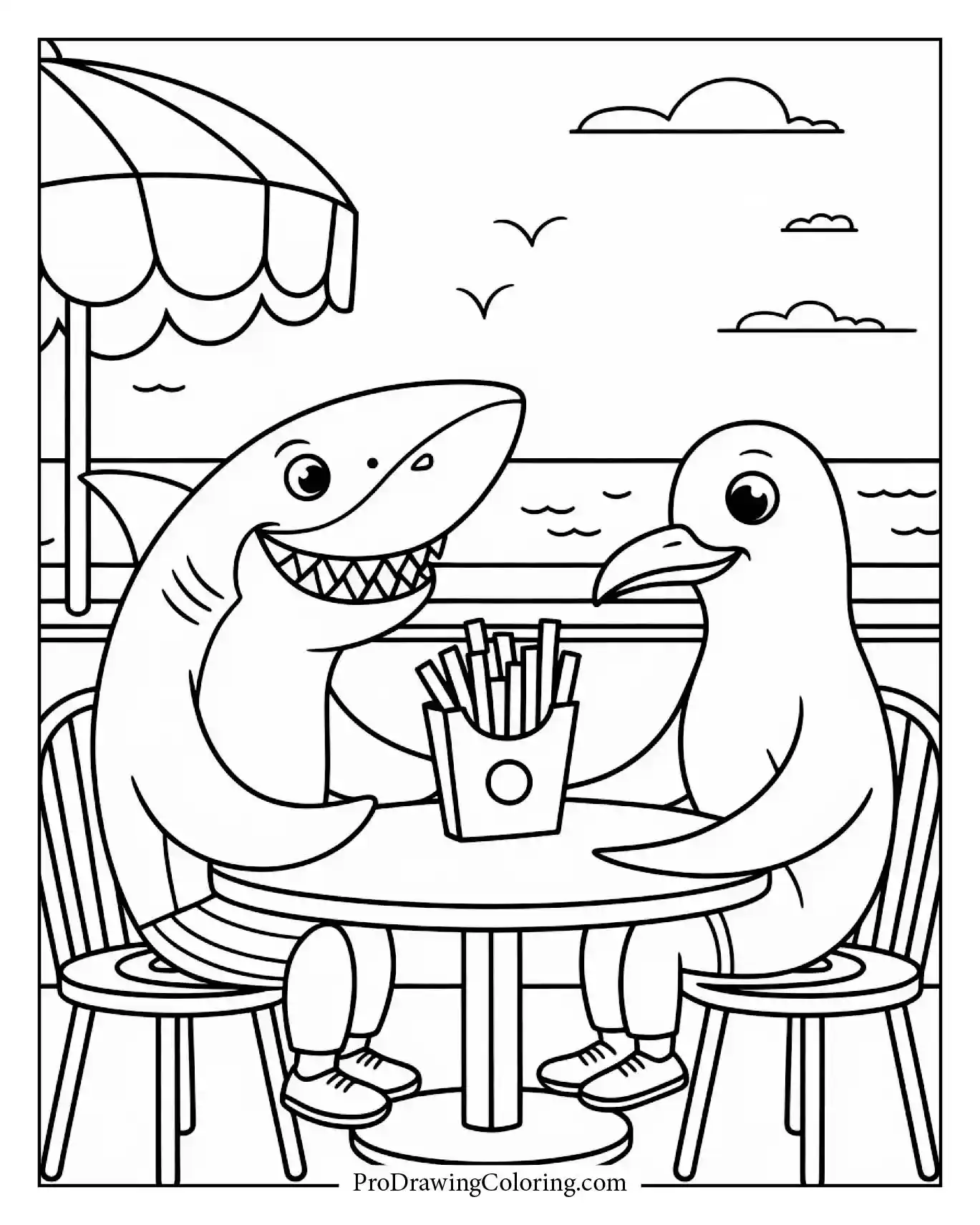 A shark and a seagull sharing fries at a small seaside café table