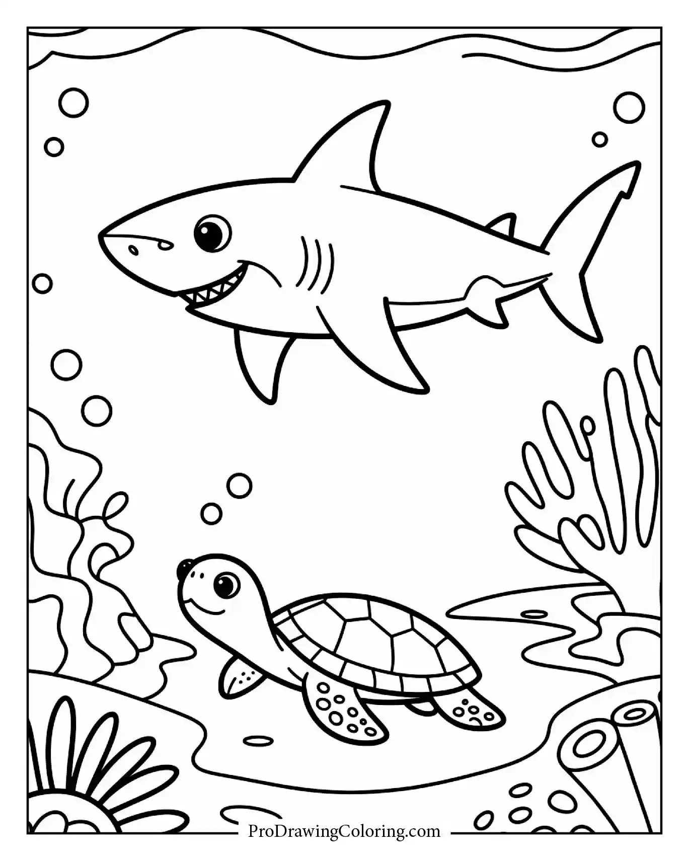 A shark and a turtle exploring coral reefs side by side
