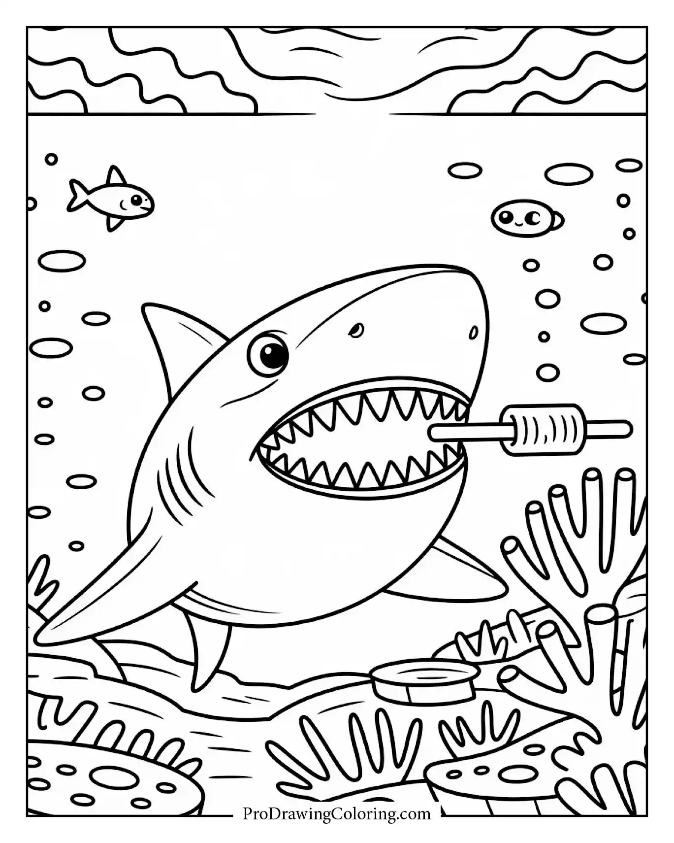 Funny shark brushing teeth under coral reef, printable fish coloring sheet for kids.