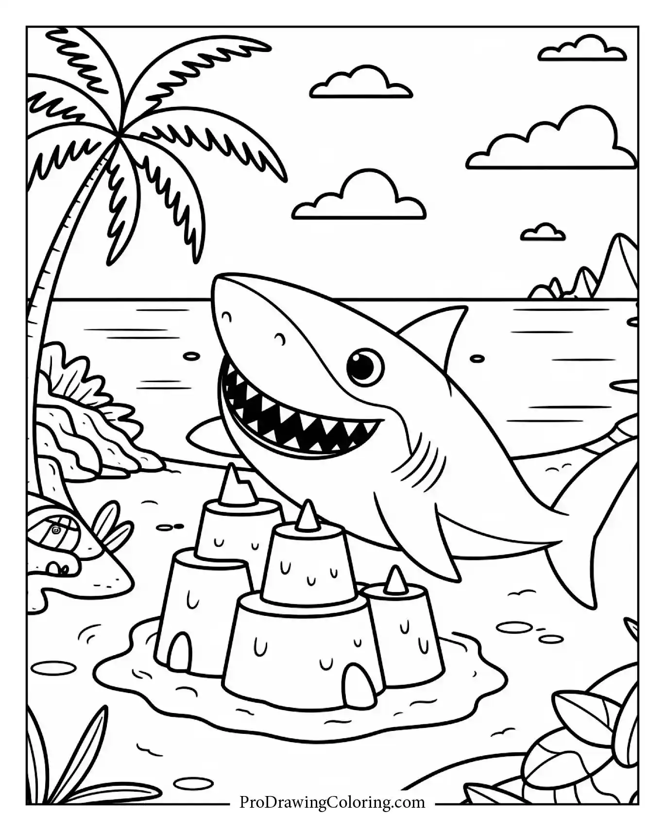 A shark building a sandcastle with a small shovel and bucket on the beach