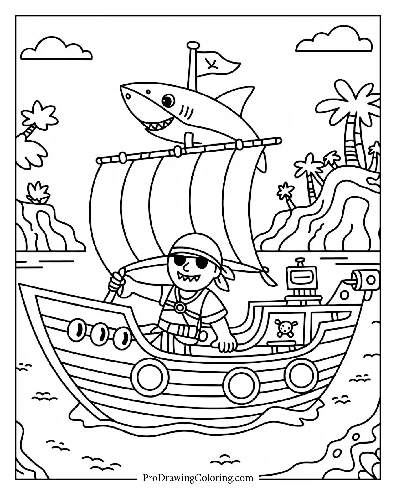 A shark captain steering a pirate ship near a tropical island with calm waves coloring page