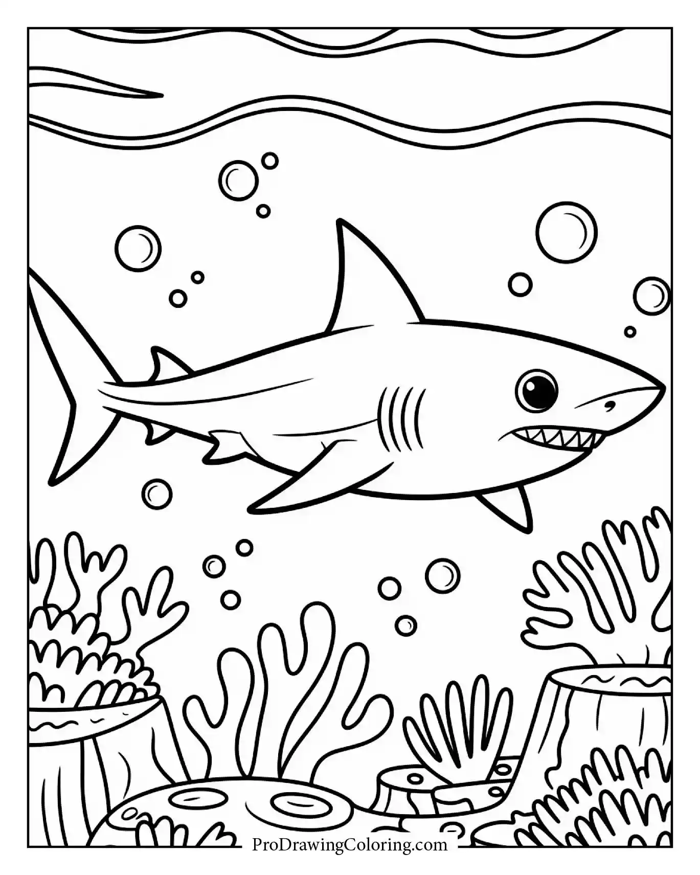 Cartoon shark swimming near coral rocks with bubbles, printable coloring sheet