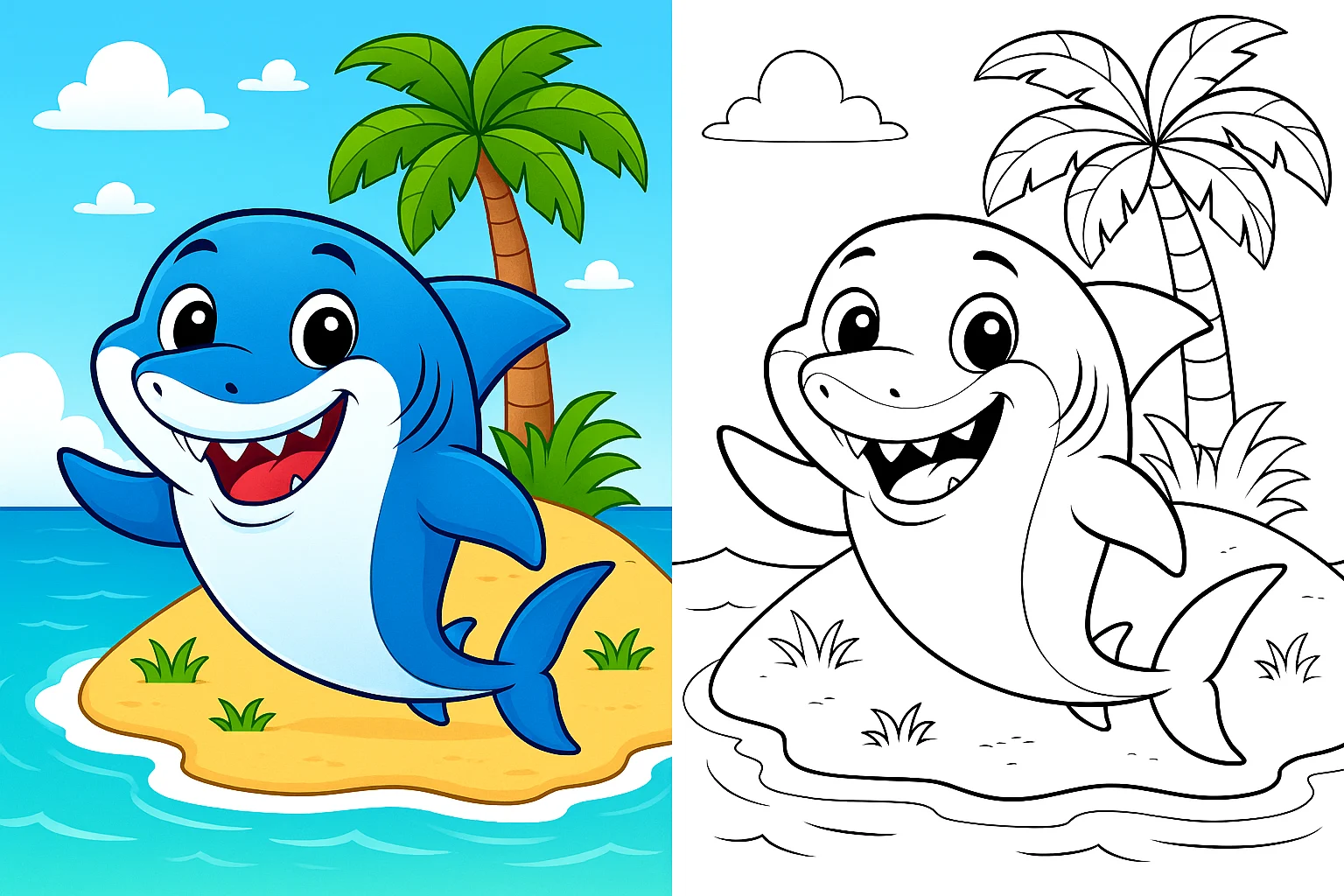 Shark coloring page – cute shark on a tropical island, fun printable sheet for kids.