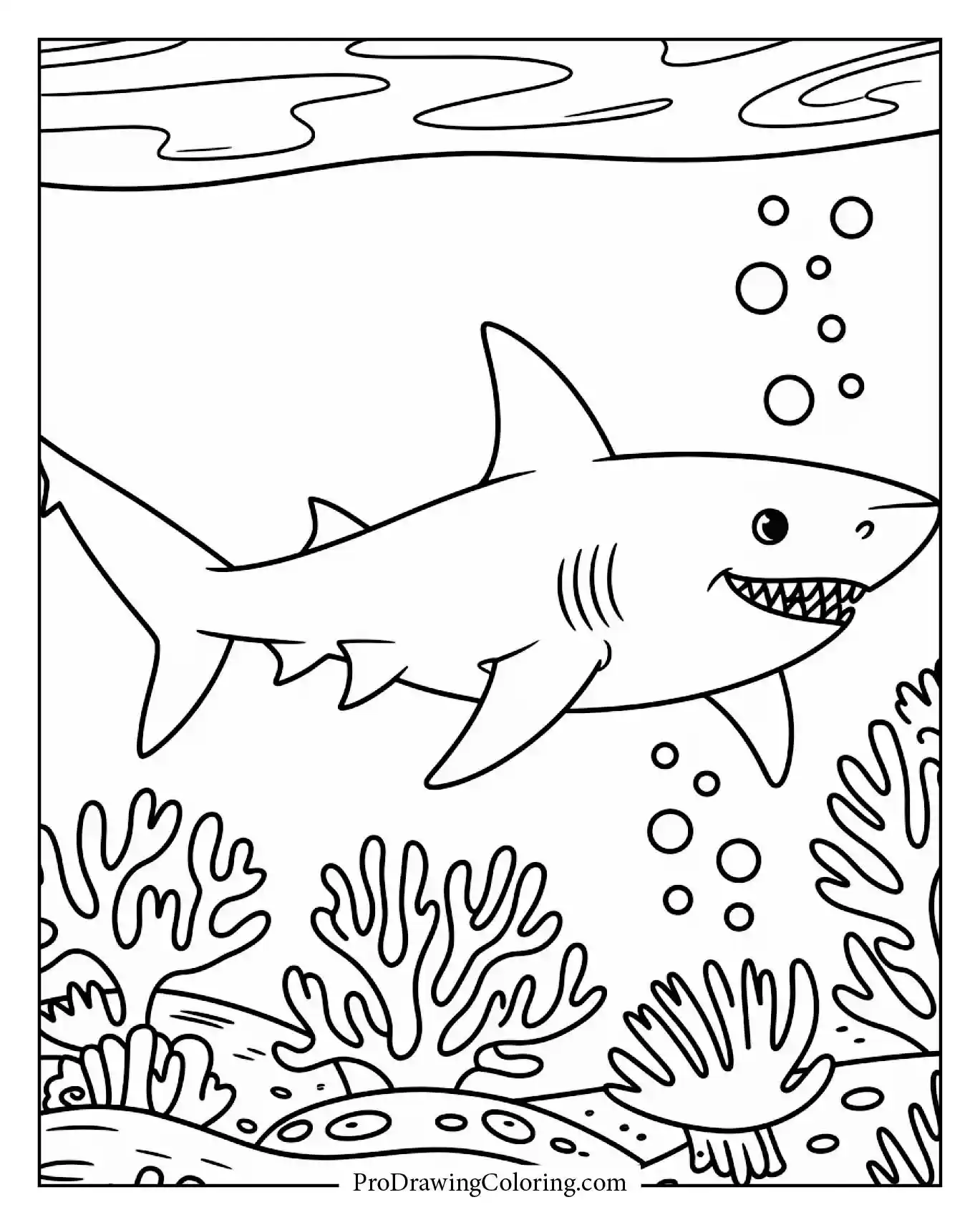 A happy shark swimming near a coral reef surrounded by small bubbles