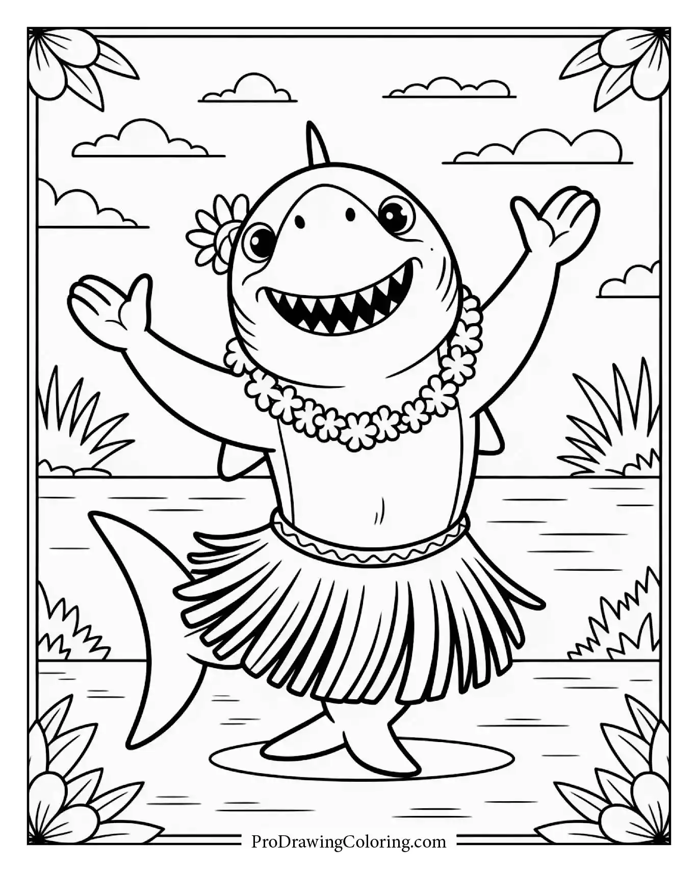 A shark dancing hula with a flower lei necklace and grass skirt printable coloring illustration