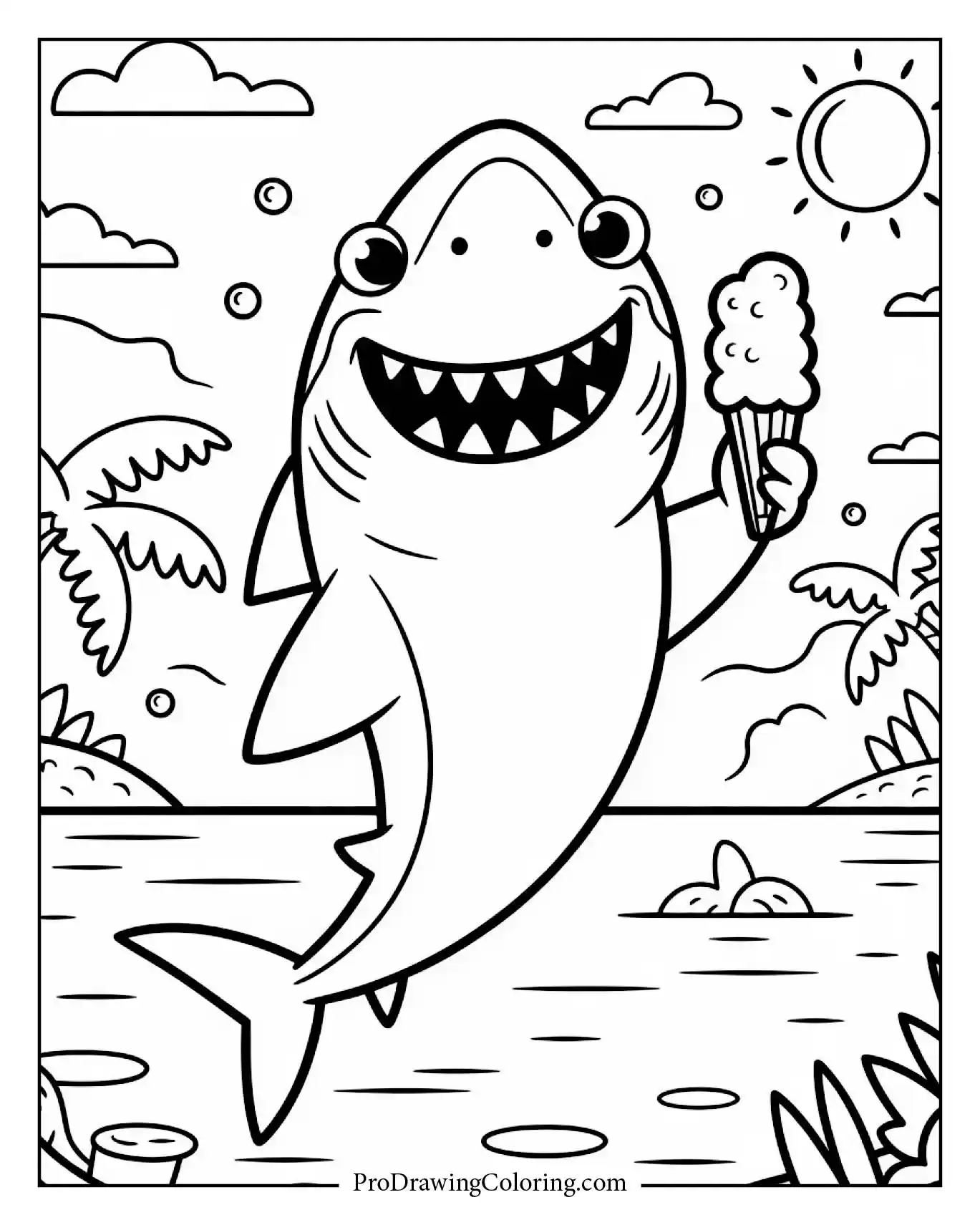 A cheerful shark enjoying ice cream under a palm tree on a sunny island