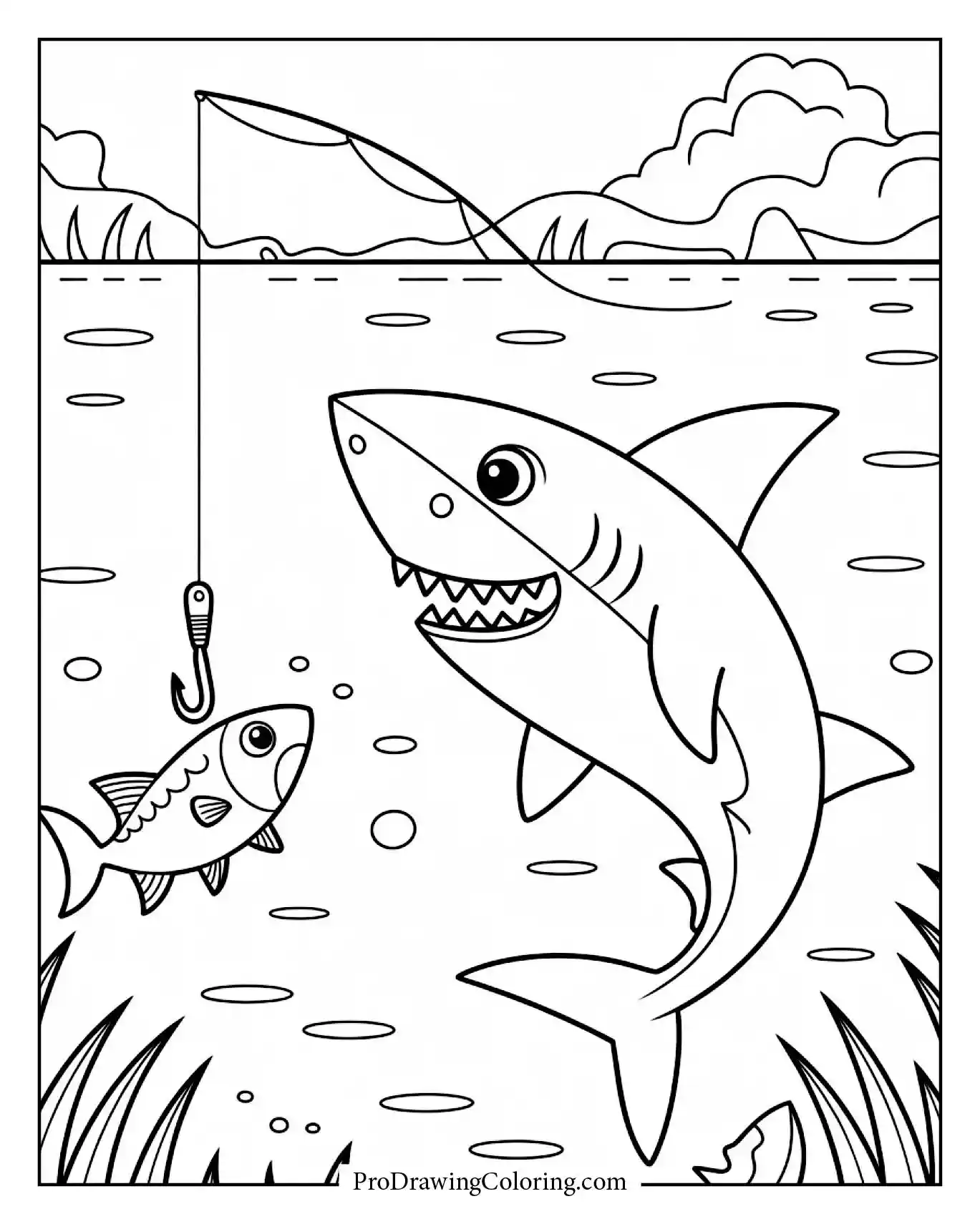 A shark fishing with a hook while a small fish looks surprised beside it