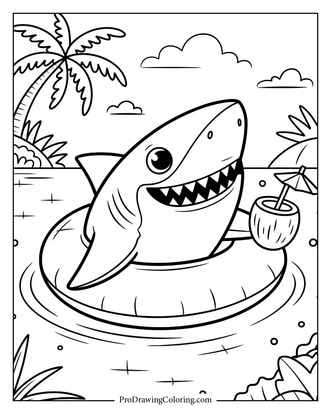 A shark floating on an inflatable ring sipping from a coconut under the sun